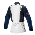 Veste Alpinestars Stella ST-7 2L GORE-TEX pour femme, vue de dos, gris glacé, bleu foncé et noir, avec bande rouge sur la manche et logo Alpinestars, équipement de moto d'aventure touring