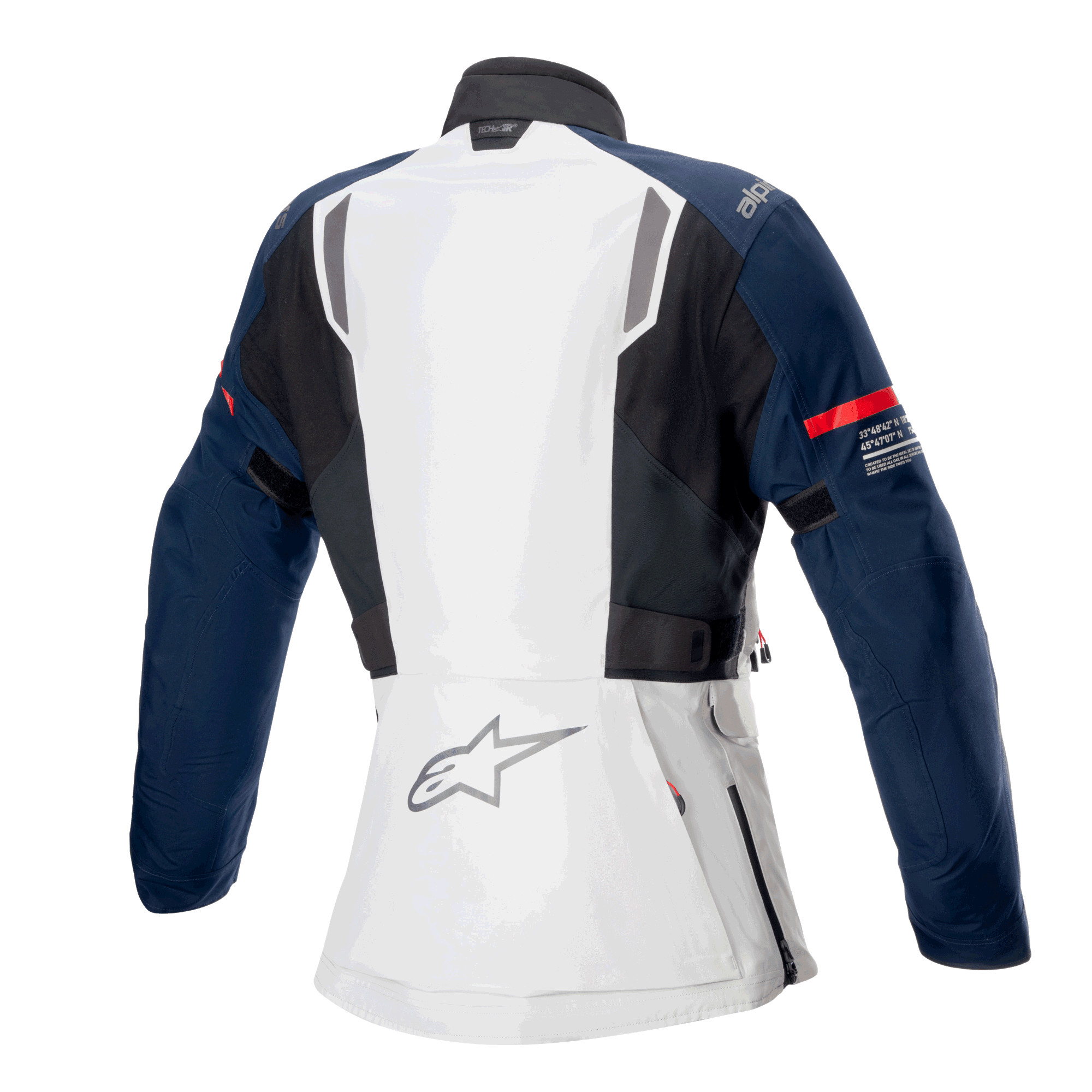 Veste Alpinestars Stella ST-7 2L GORE-TEX pour femme, vue de dos, gris glacé, bleu foncé et noir, avec bande rouge sur la manche et logo Alpinestars, équipement de moto d'aventure touring