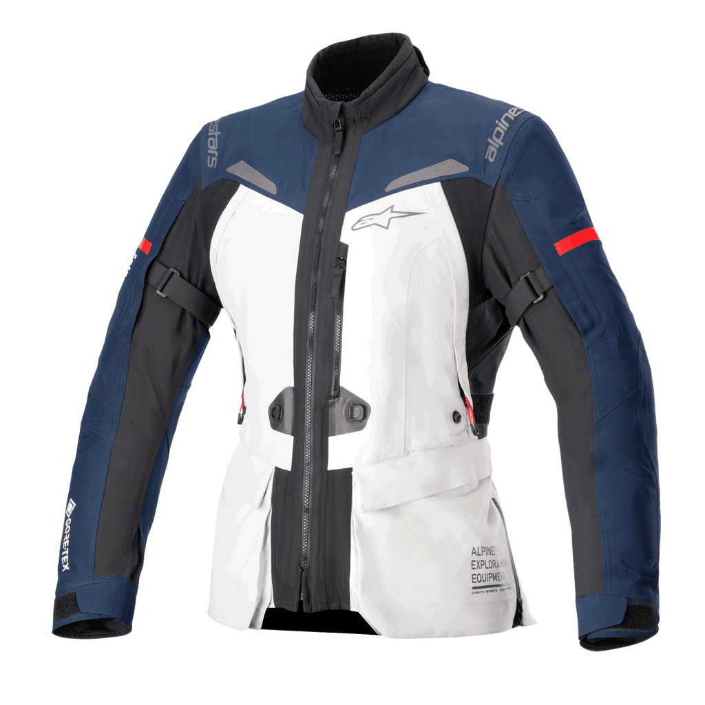 Veste Alpinestars Stella ST-7 2L GORE-TEX pour femme, veste de moto touring, gris glacé, bleu foncé et noir avec accents rouges, dotée de poches cargo frontales, de sangles de réglage aux bras, d'un col montant et d'une construction imperméable laminée pour le touring d'aventure