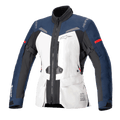 Veste Alpinestars Stella ST-7 2L GORE-TEX pour femme, veste de moto touring, gris glacé, bleu foncé et noir avec accents rouges, dotée de poches cargo frontales, de sangles de réglage aux bras, d'un col montant et d'une construction imperméable laminée pour le touring d'aventure