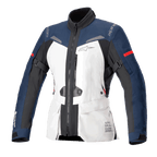 Veste Alpinestars Stella ST-7 2L GORE-TEX pour femme, veste de moto touring, gris glacé, bleu foncé et noir avec accents rouges, dotée de poches cargo frontales, de sangles de réglage aux bras, d'un col montant et d'une construction imperméable laminée pour le touring d'aventure