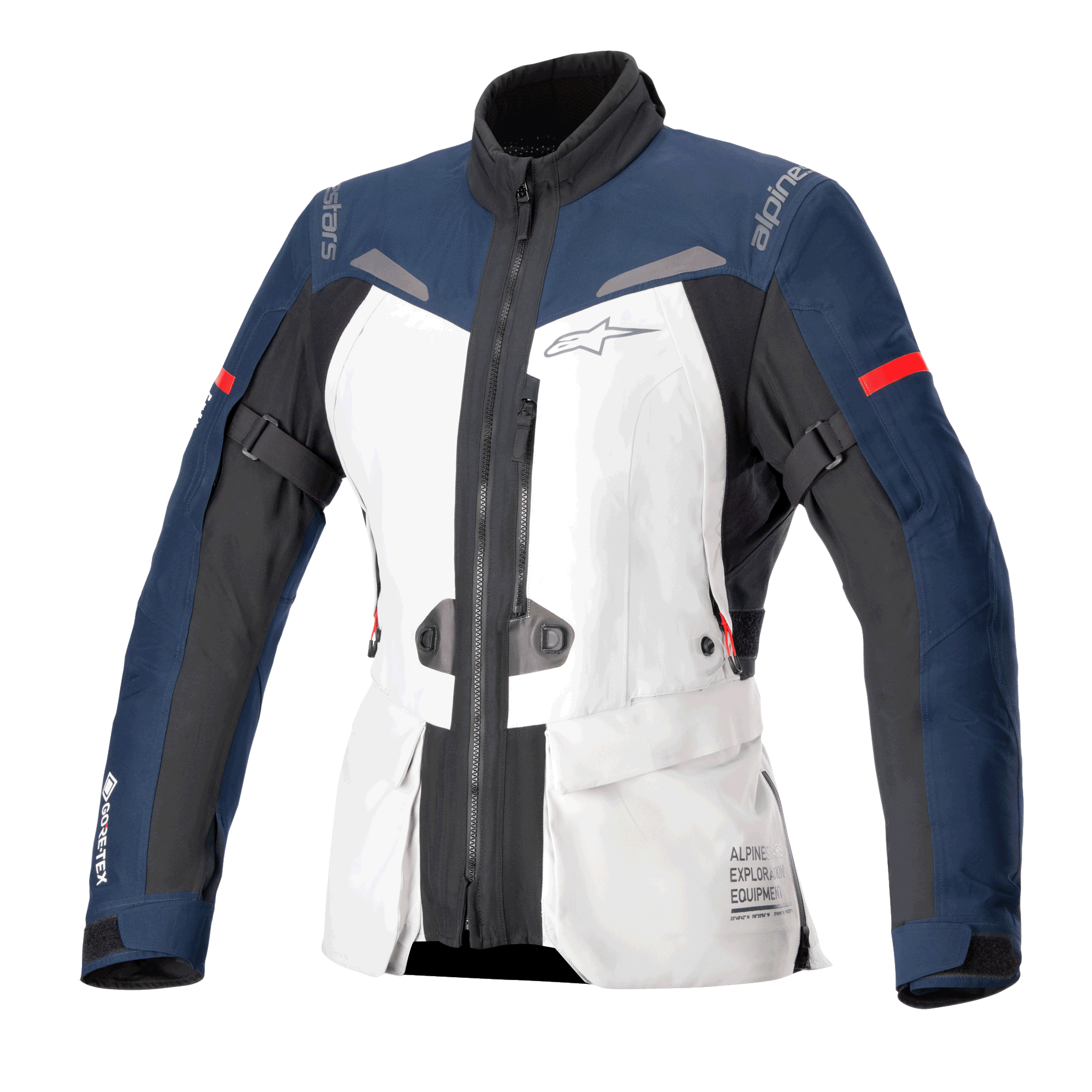 Veste Alpinestars Stella ST-7 2L GORE-TEX pour femme, veste de moto touring, gris glacé, bleu foncé et noir avec accents rouges, dotée de poches cargo frontales, de sangles de réglage aux bras, d'un col montant et d'une construction imperméable laminée pour le touring d'aventure