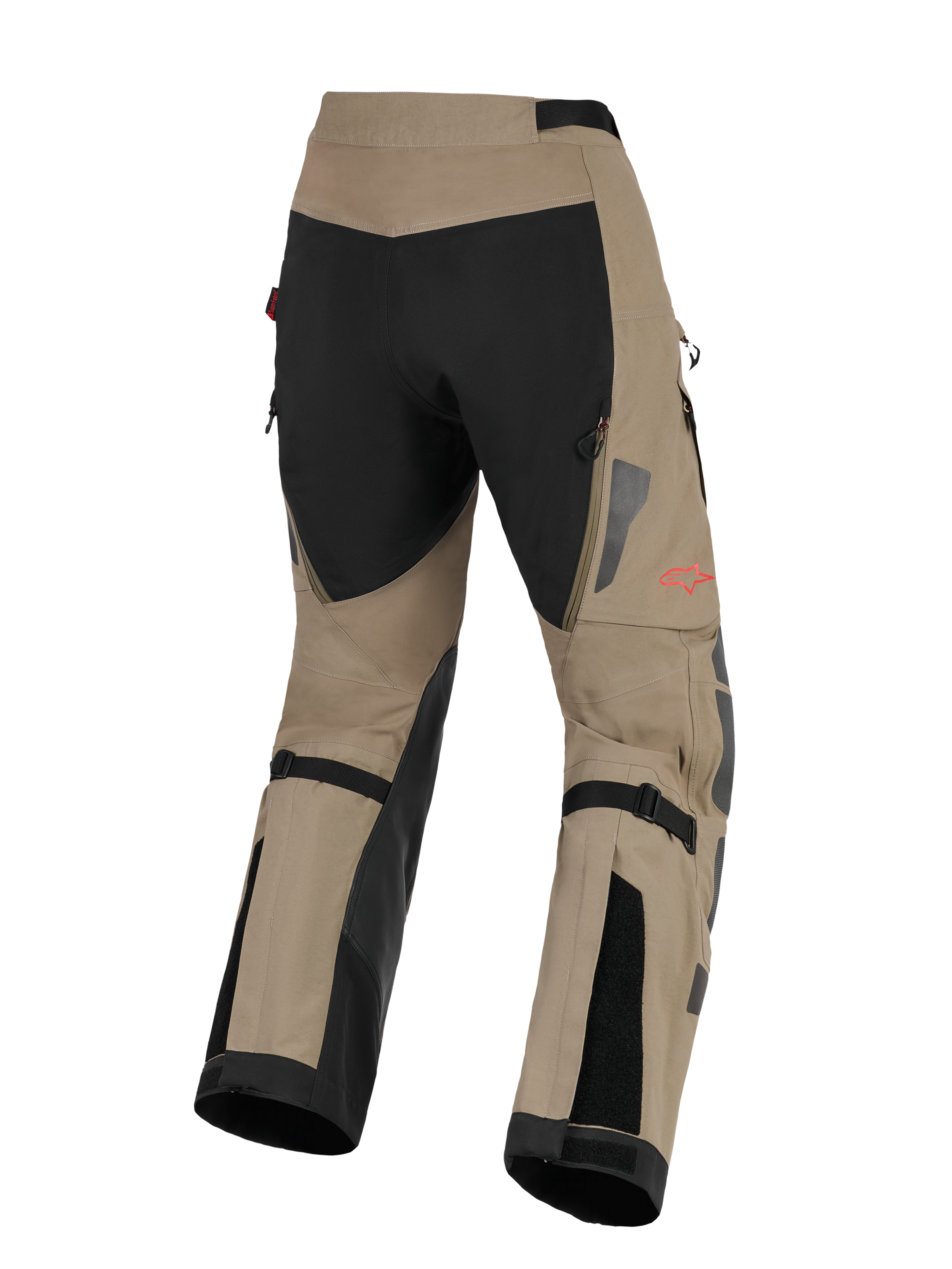 Alpinestars Nazca 3L GORE-TEX PRO Pants, Adventure Motorcycle Pants, Walnut and Black, rear view featuring black seat panel and walnut lower legs, red star logo on the side, black calf adjustment straps, and reflective silver detailing