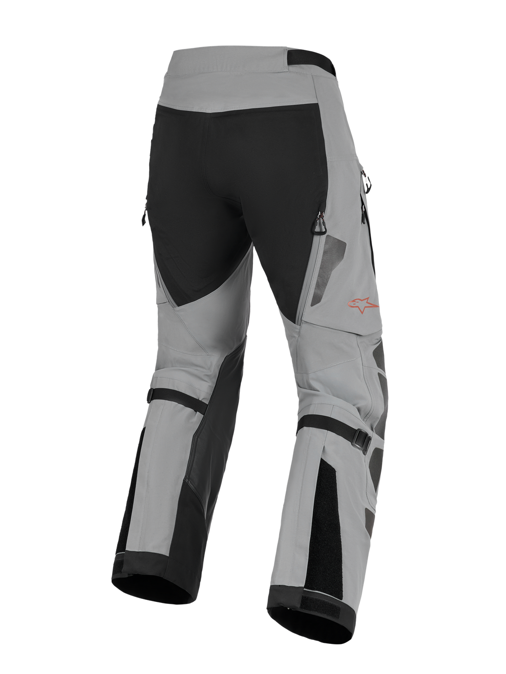Pantalon Alpinestars Nazca 3L GORE-TEX PRO, pantalon de moto aventure, gris foncé et noir, vue arrière montrant les ajusteurs de volume aux mollets et les évents d'extraction zippés, construction textile durable avec un logo Alpinestars rouge sur la jambe