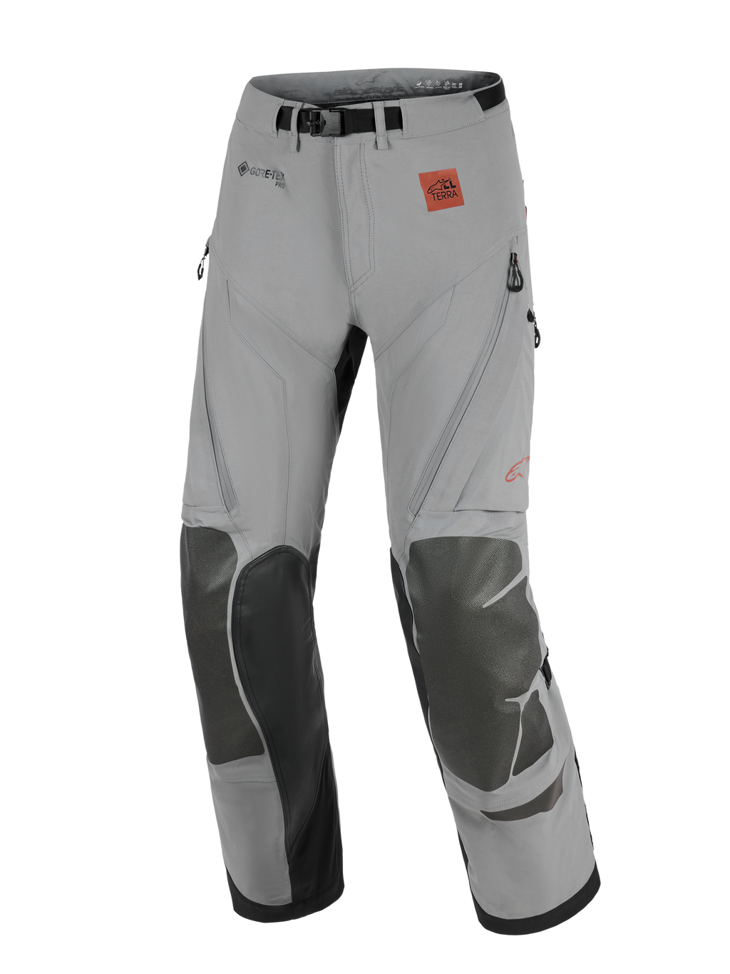 Pantalon Alpinestars Nazca 3L GORE-TEX PRO, pantalon de moto adventure, gris foncé et noir, doté de panneaux aux genoux renforcés, logos GORE-TEX PRO et All Terra, conception technique pour le tout-terrain et le touring