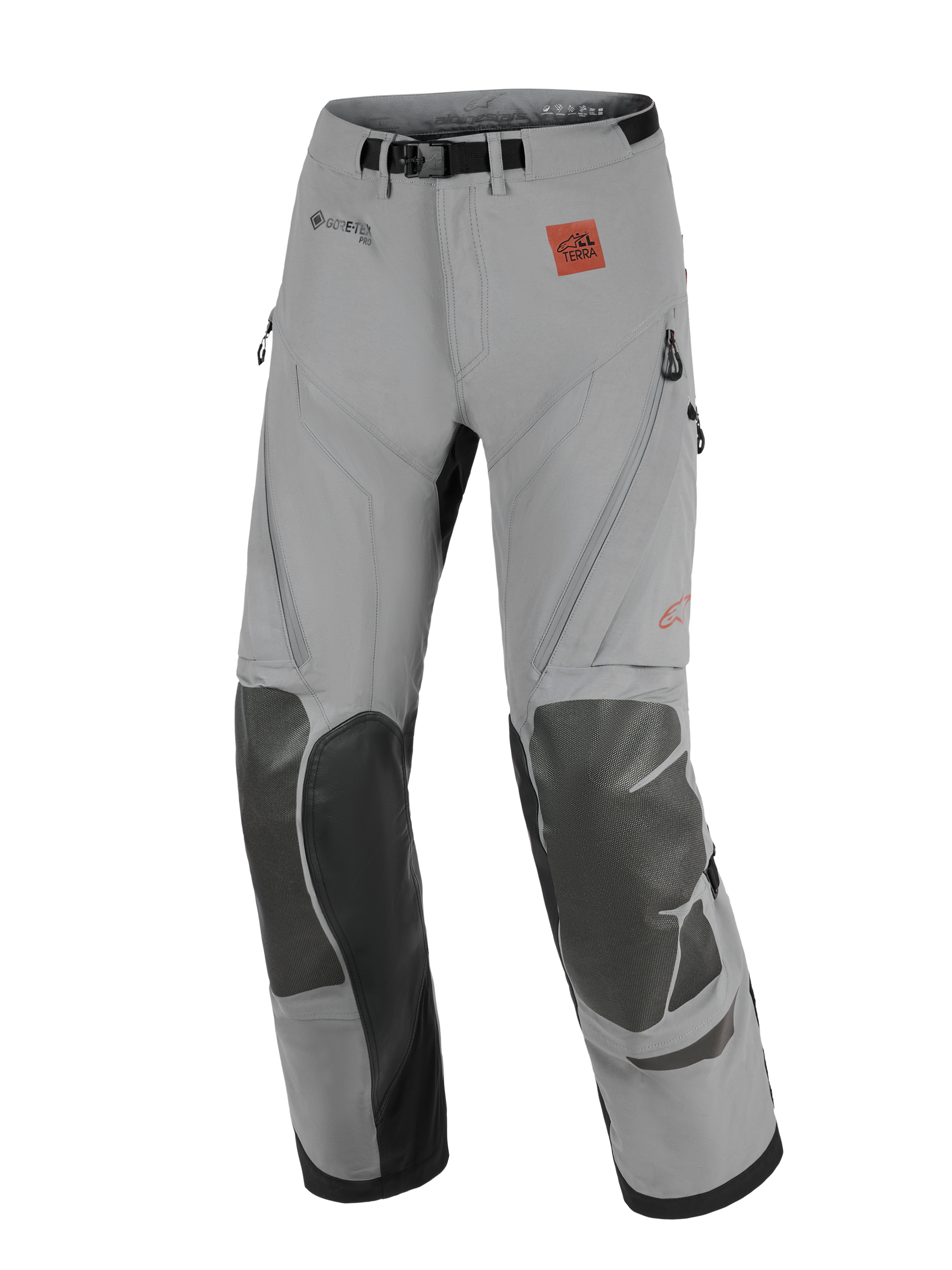 Pantalon Alpinestars Nazca 3L GORE-TEX PRO, pantalon de moto adventure, gris foncé et noir, doté de panneaux aux genoux renforcés, logos GORE-TEX PRO et All Terra, conception technique pour le tout-terrain et le touring