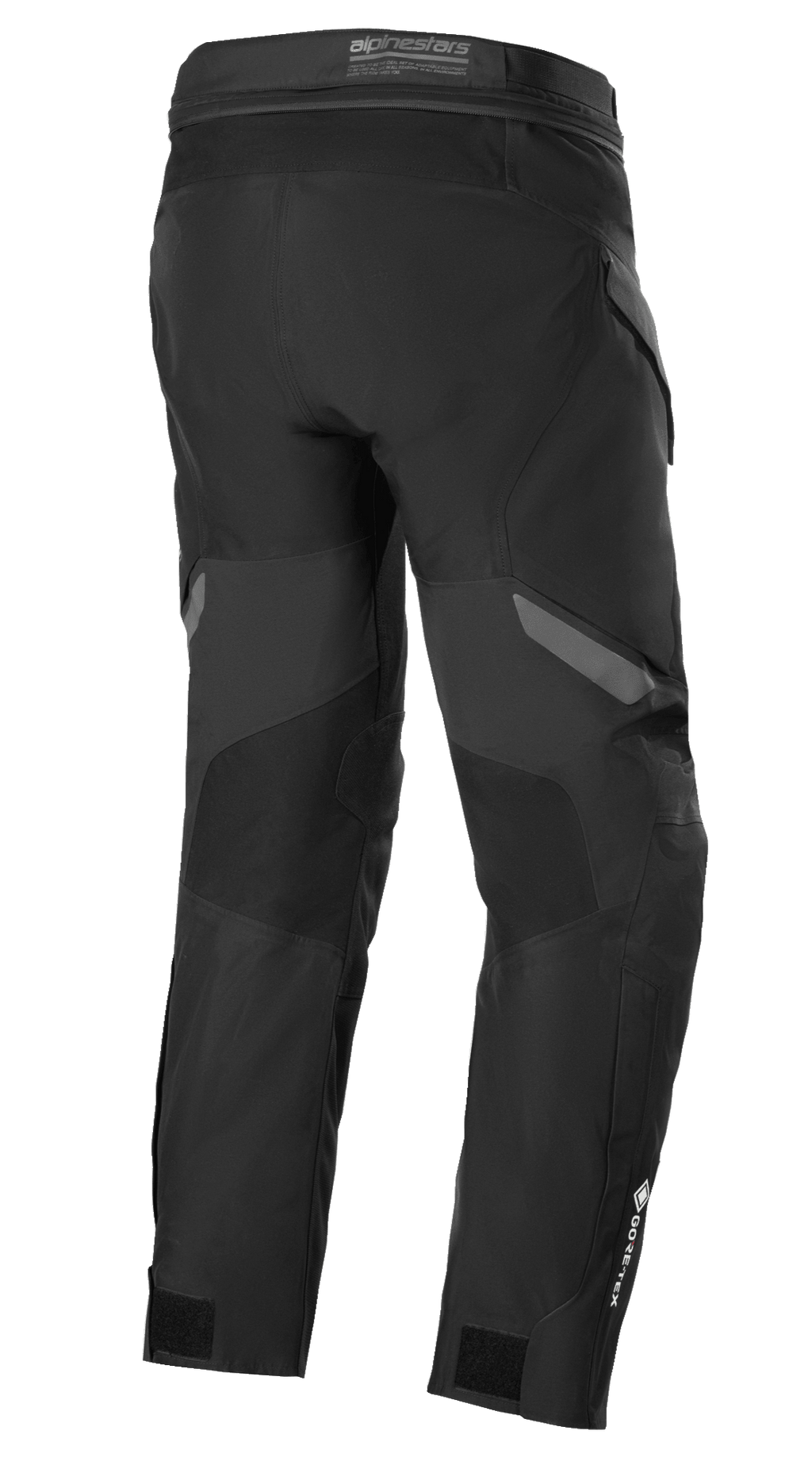 Pantalon Alpinestars ST-7 2L GORE-TEX, noir et gris foncé, vue arrière, pantalon de moto touring aventure imperméable avec empiècements renforcés, logo GORE-TEX sur le bas de la jambe et sangles de réglage aux chevilles