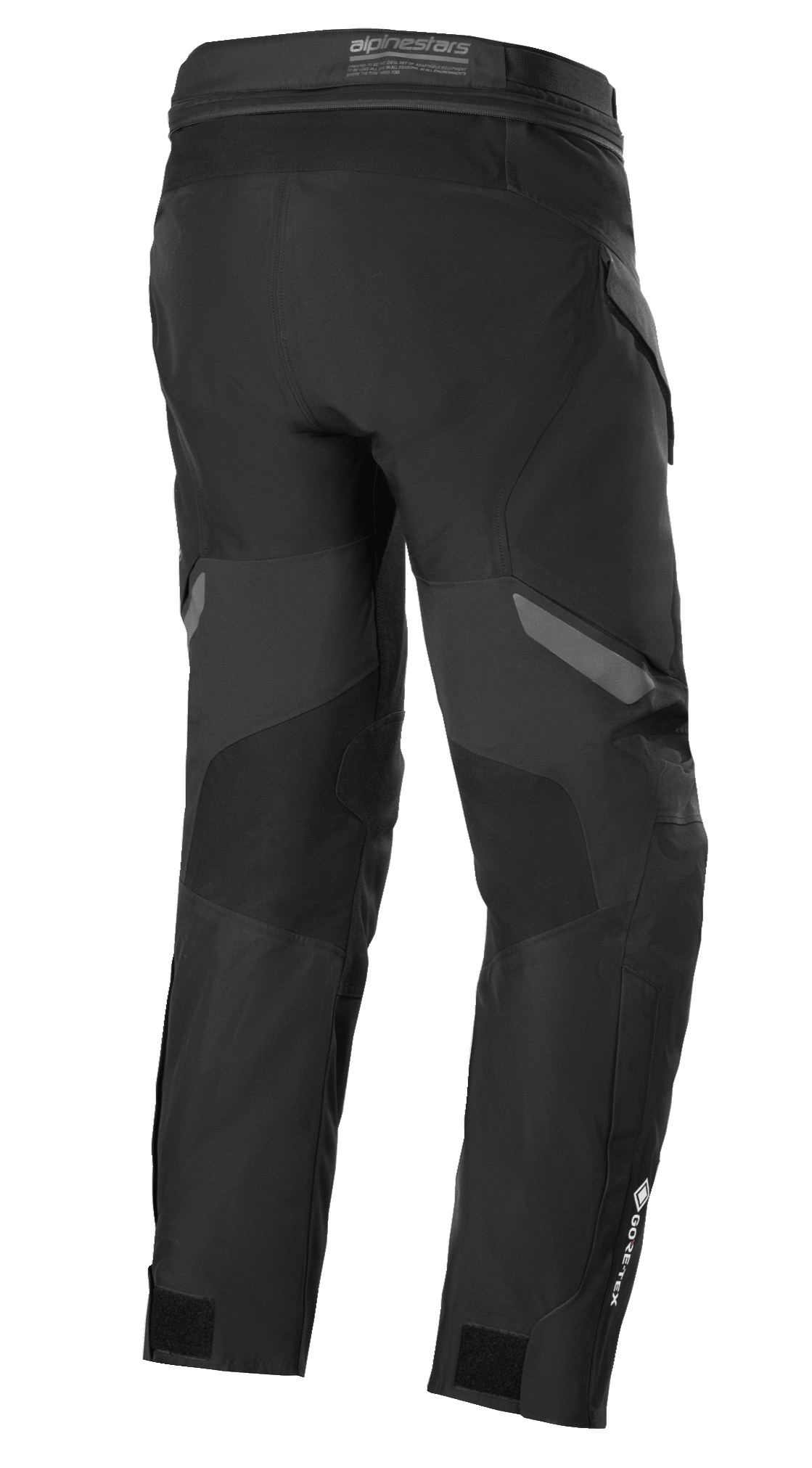 Pantalon Alpinestars ST-7 2L GORE-TEX, noir et gris foncé, vue arrière, pantalon de moto touring aventure imperméable avec empiècements renforcés, logo GORE-TEX sur le bas de la jambe et sangles de réglage aux chevilles