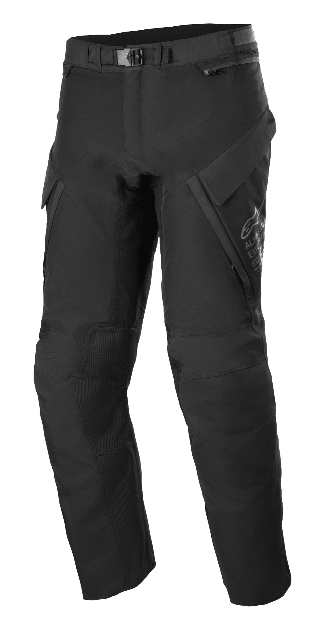 Pantalon Alpinestars ST-7 2L GORE-TEX, pantalon de touring d'aventure, noir et gris foncé, avec de grandes poches cargo, une fermeture à boucle magnétique à la taille, des renforts aux genoux et une construction en textile technique pour une protection par tous les temps