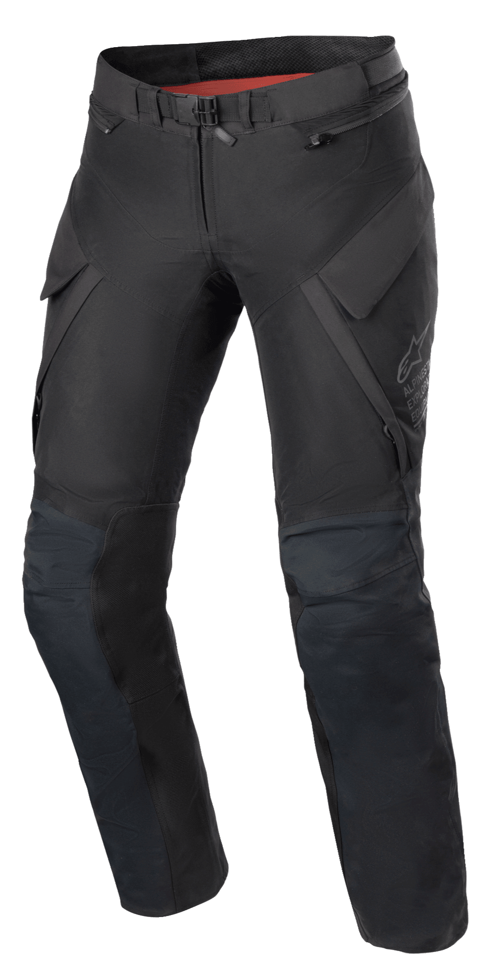 Pantalon Alpinestars Stella ST-7 2L GORE-TEX pour femme, pantalon de moto Adventure Touring, noir et gris foncé, vue de face avec poches cargo, boucle de taille magnétique, genoux articulés avec positionnement des protections et marquage Alpinestars discret sur la cuisse.