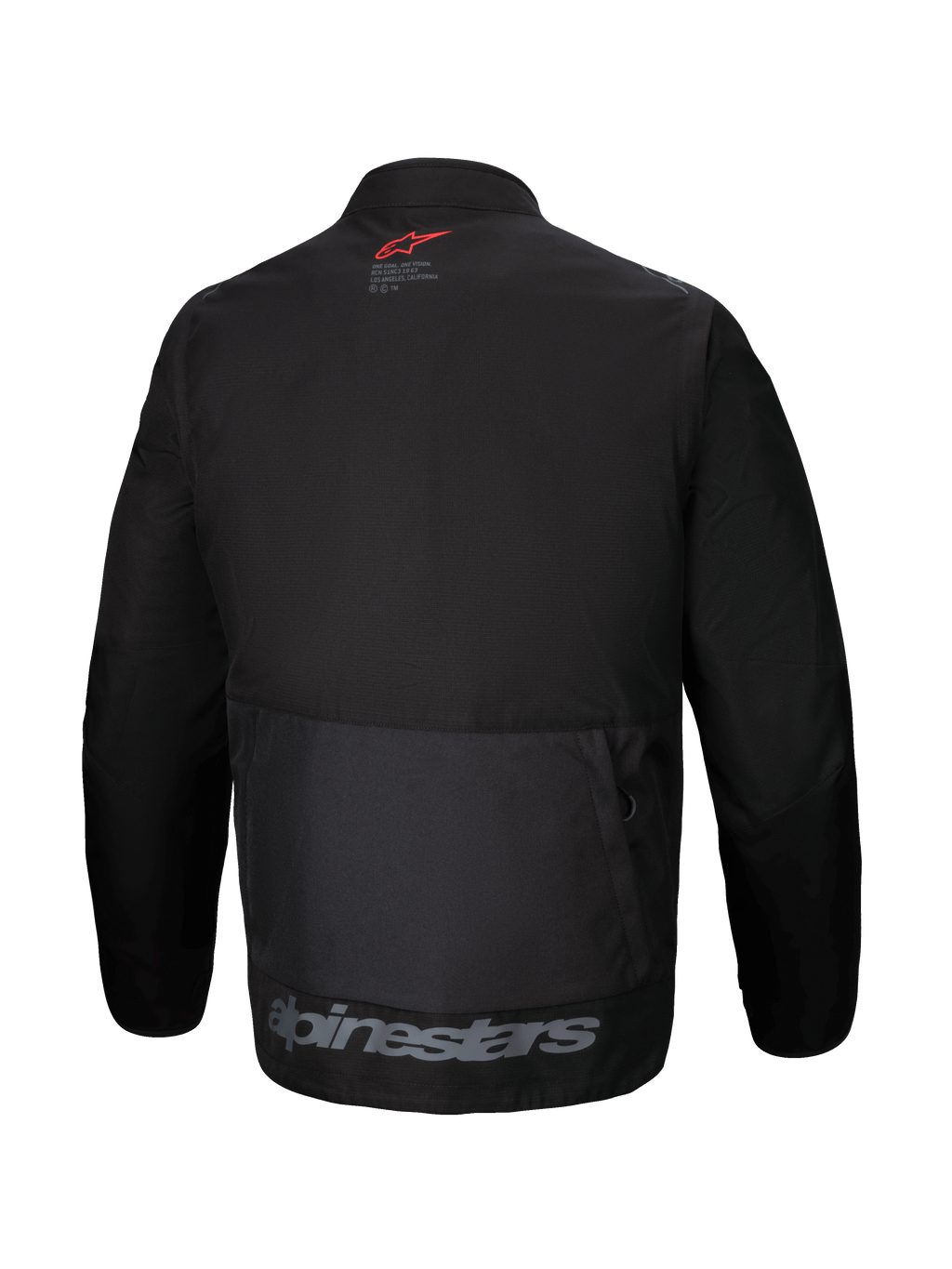 Veste Alpinestars Pro-Dura, vue de dos, veste d'enduro en textile noir, grande poche cargo arrière, logo étoile rouge sur le col, marquage Alpinestars gris sur l'ourlet inférieur, design tout-terrain robuste