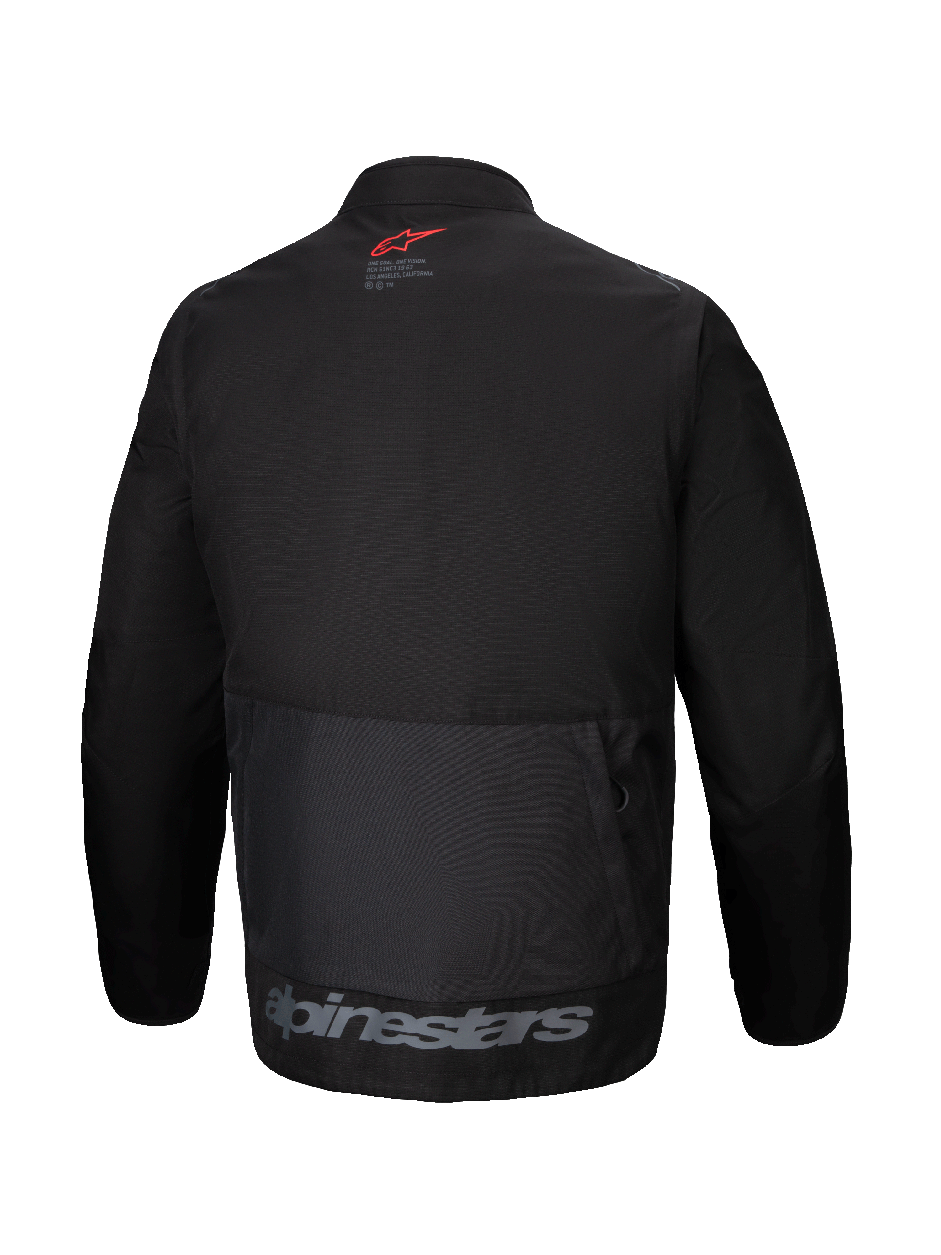 Veste Alpinestars Pro-Dura, vue de dos, veste d'enduro en textile noir, grande poche cargo arrière, logo étoile rouge sur le col, marquage Alpinestars gris sur l'ourlet inférieur, design tout-terrain robuste