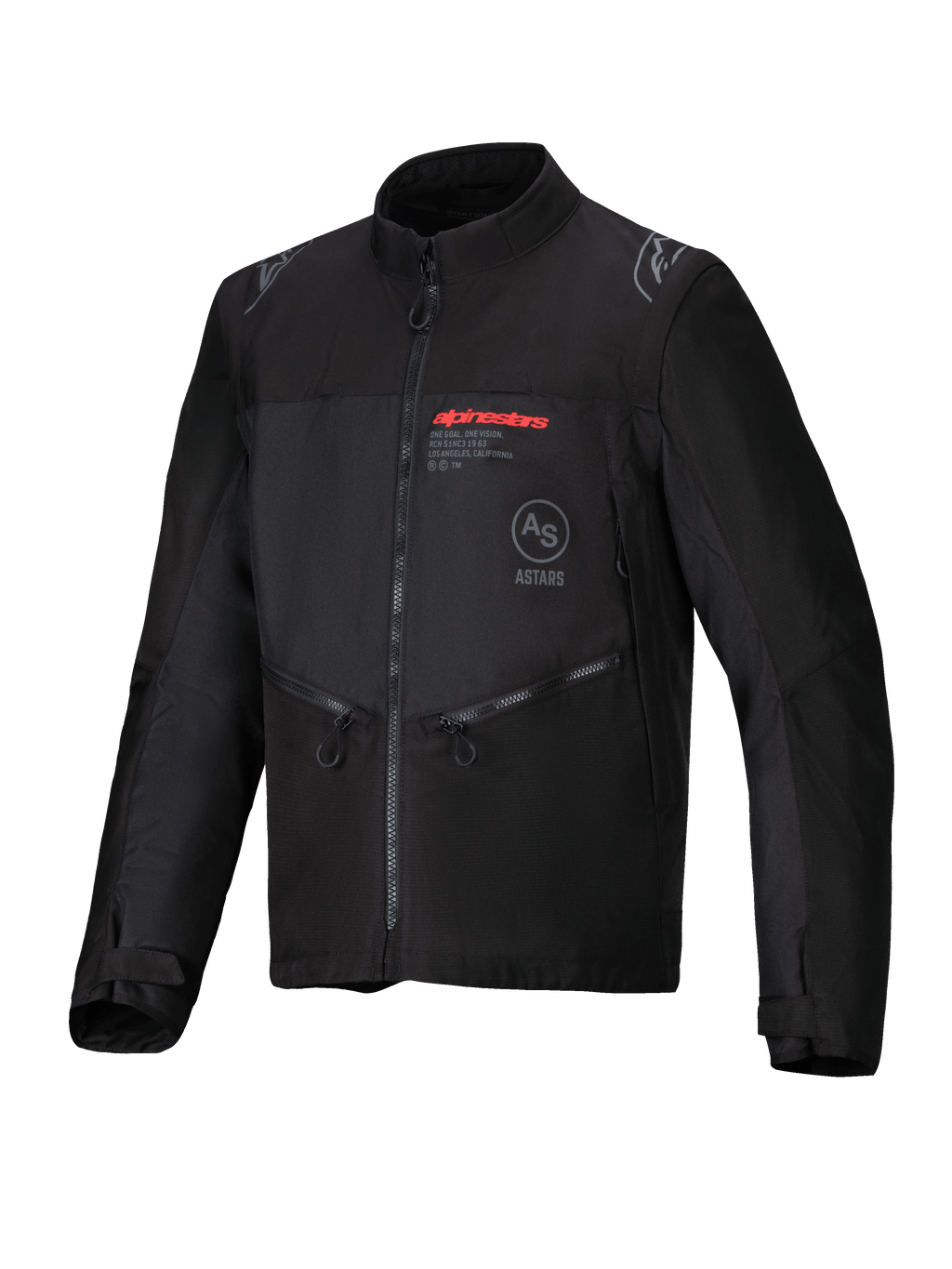 Alpinestars Pro-Dura Jacket, veste de moto tout-terrain, noire, textile ripstop durable, logo Alpinestars rouge sur la poitrine, poches zippées en biais et détails de logo étoile sur les épaules