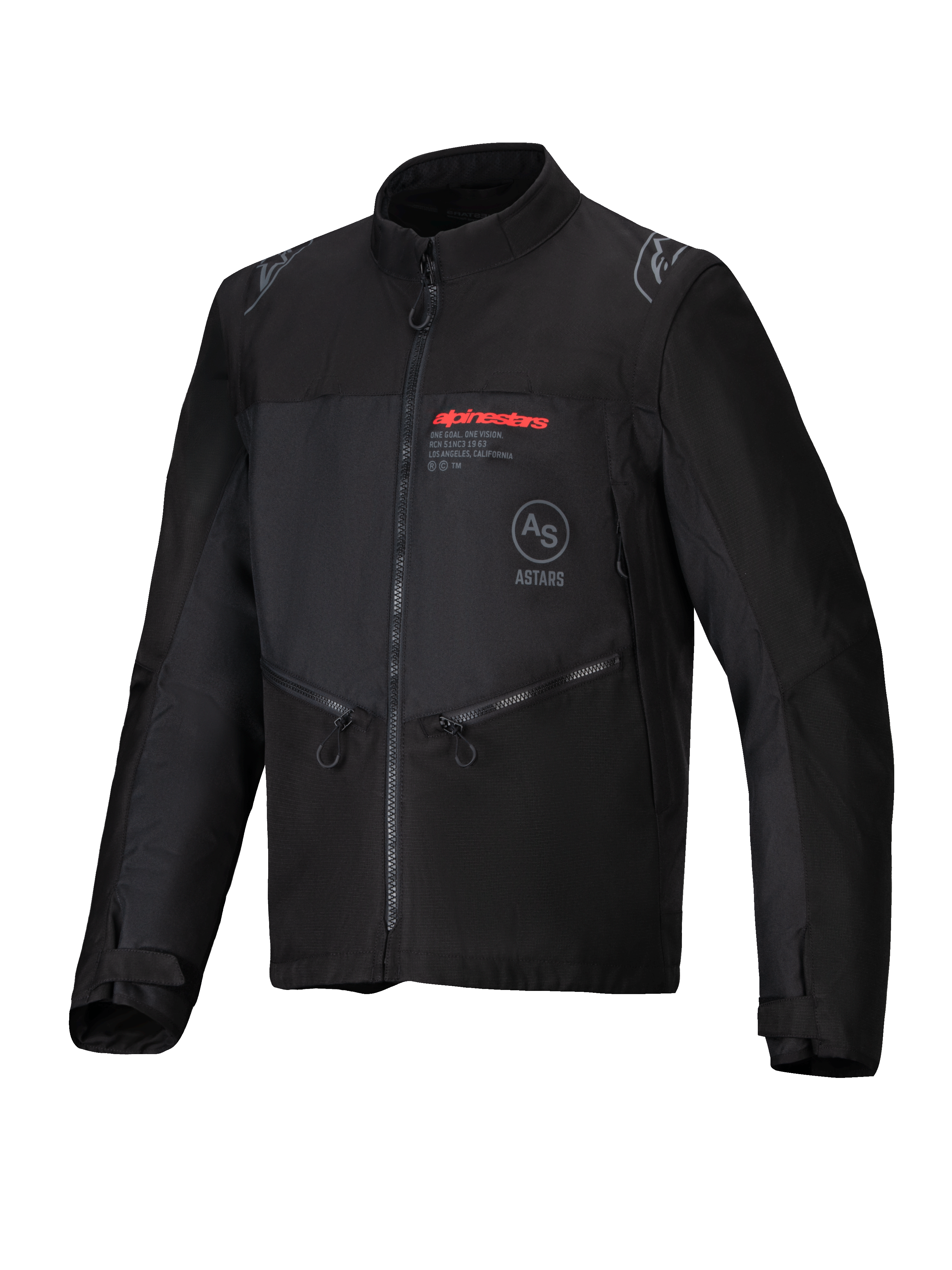 Alpinestars Pro-Dura Jacket, veste de moto tout-terrain, noire, textile ripstop durable, logo Alpinestars rouge sur la poitrine, poches zippées en biais et détails de logo étoile sur les épaules