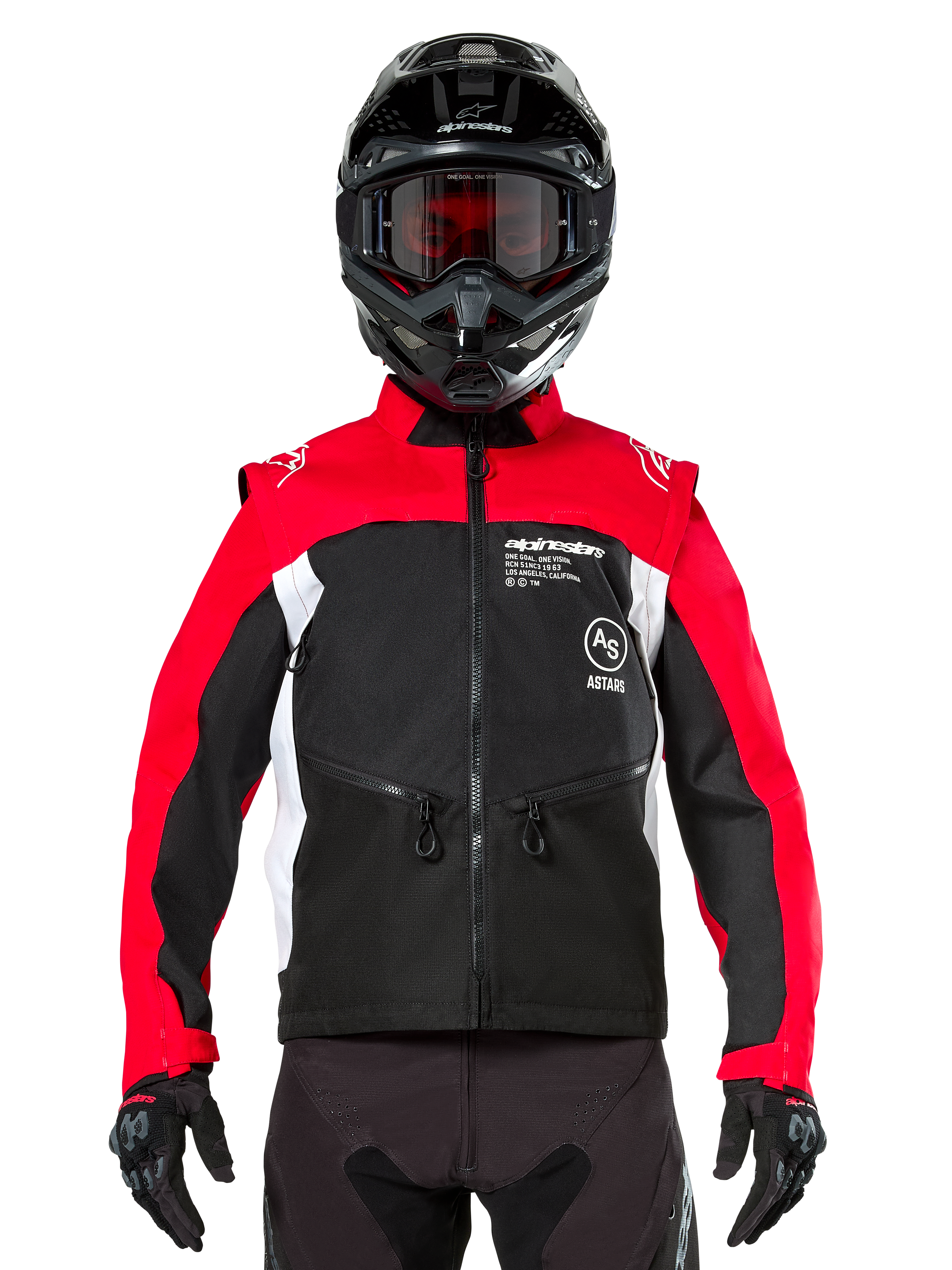 Alpinestars Pro-Dura Jacket, Off-Road Motorcycle Jacket, Black Bright Red and White, worn by a rider with a black motocross helmet and goggles, featuring a durable ripstop construction and white side panels, designed for enduro and trail riding