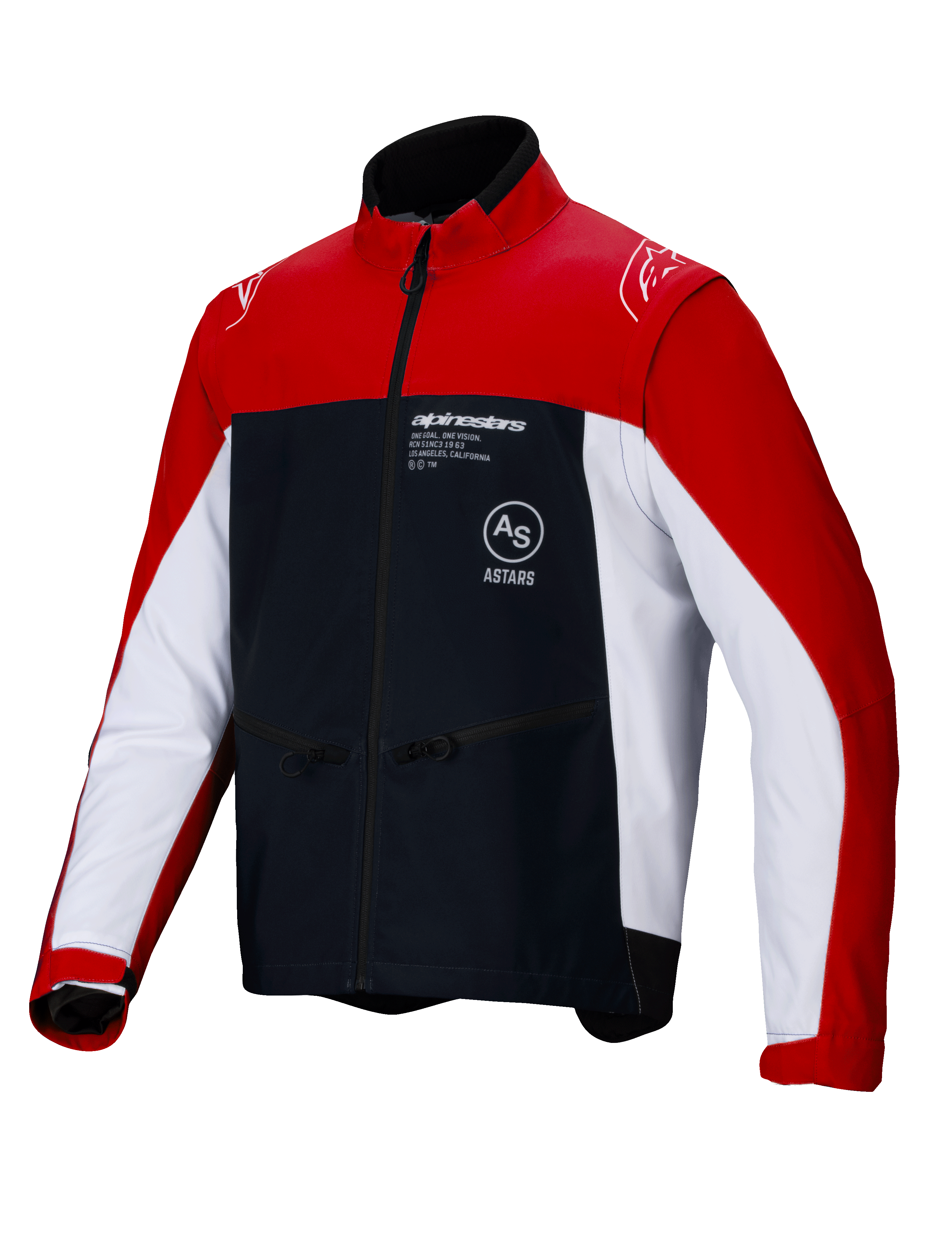 Alpinestars Lite-Dura Softshell Jacket, Off-Road Enduro Motorcycle Jacket, Black Bright Red and White, featuring a color-block design with red shoulders and outer sleeves, white side panels, and black chest with Alpinestars branding, zippered pockets, and high-collar design