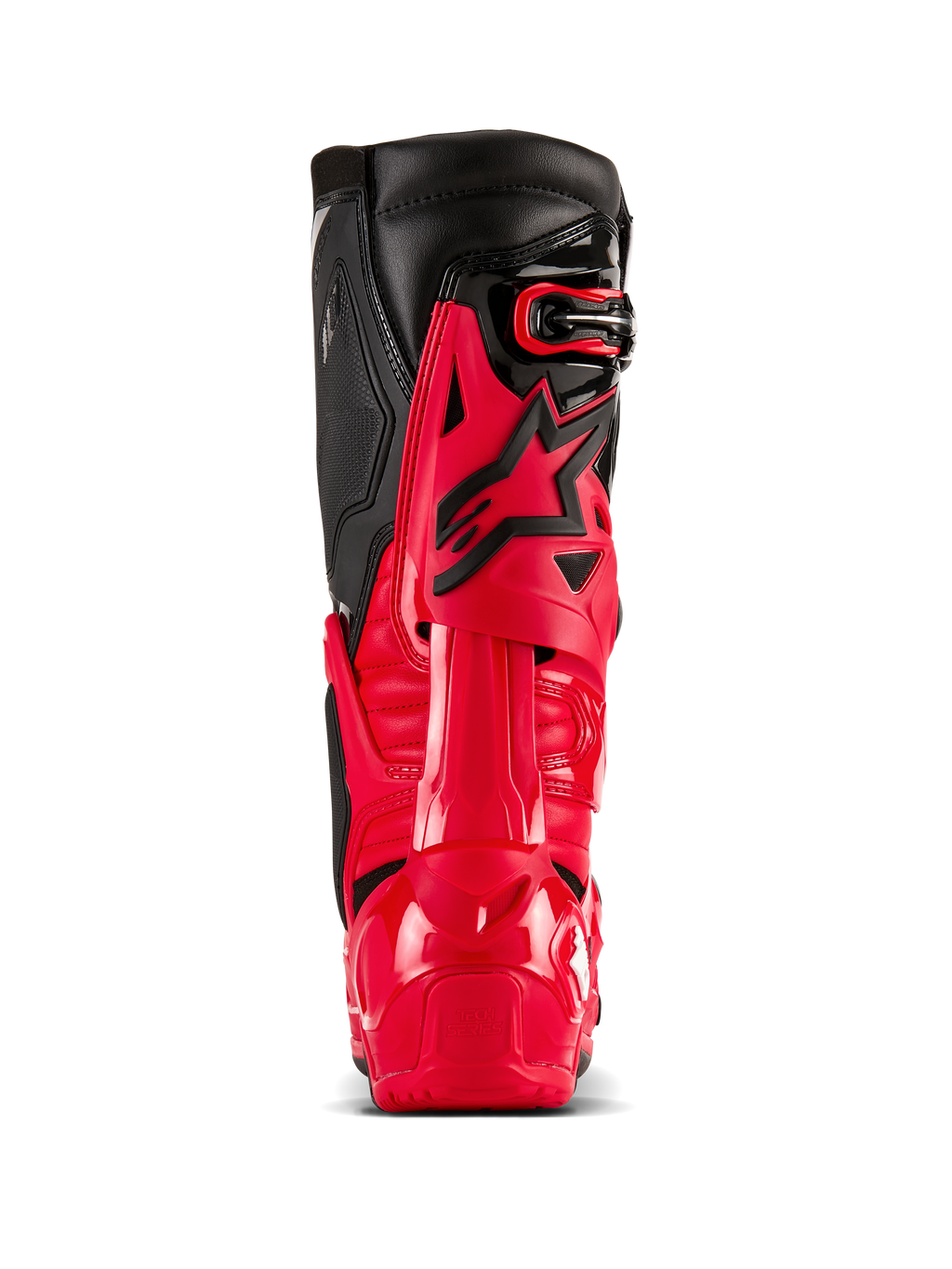 Bottes Alpinestars Tech 10 Enduro, rouge vif et noir, vue arrière présentant le Dynamic Heel Compression Protector et l'armature de flexion, équipement de motocross tout-terrain professionnel avec coque en TPU durable et panneaux supérieurs en cuir noir.