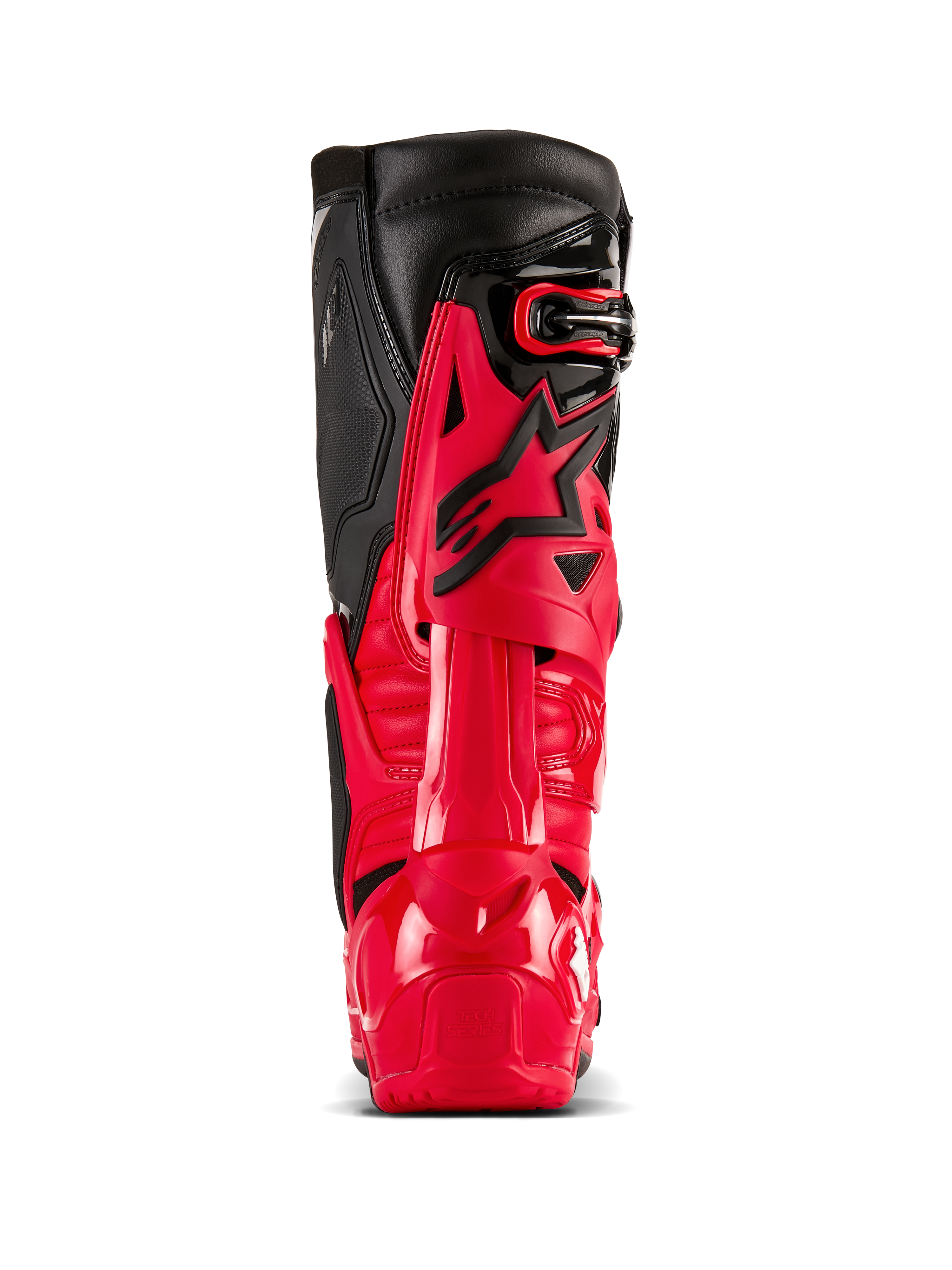 Bottes Alpinestars Tech 10 Enduro, rouge vif et noir, vue arrière présentant le Dynamic Heel Compression Protector et l'armature de flexion, équipement de motocross tout-terrain professionnel avec coque en TPU durable et panneaux supérieurs en cuir noir.