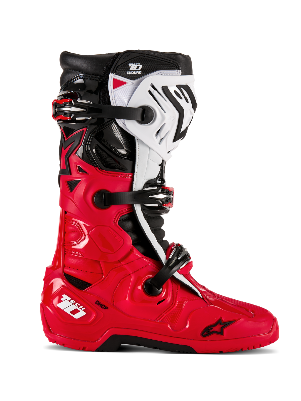 Bottes Alpinestars Tech 10 Enduro, bottes de motocross tout-terrain, rouge vif, noir et blanc, vue de profil, système de fermeture à triple boucle, panneaux de protection robustes, semelle spécialisée enduro à haute adhérence, logo Alpinestars