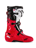Bottes Alpinestars Tech 10 Enduro, bottes de motocross tout-terrain, rouge vif, noir et blanc, vue de profil, système de fermeture à triple boucle, panneaux de protection robustes, semelle spécialisée enduro à haute adhérence, logo Alpinestars