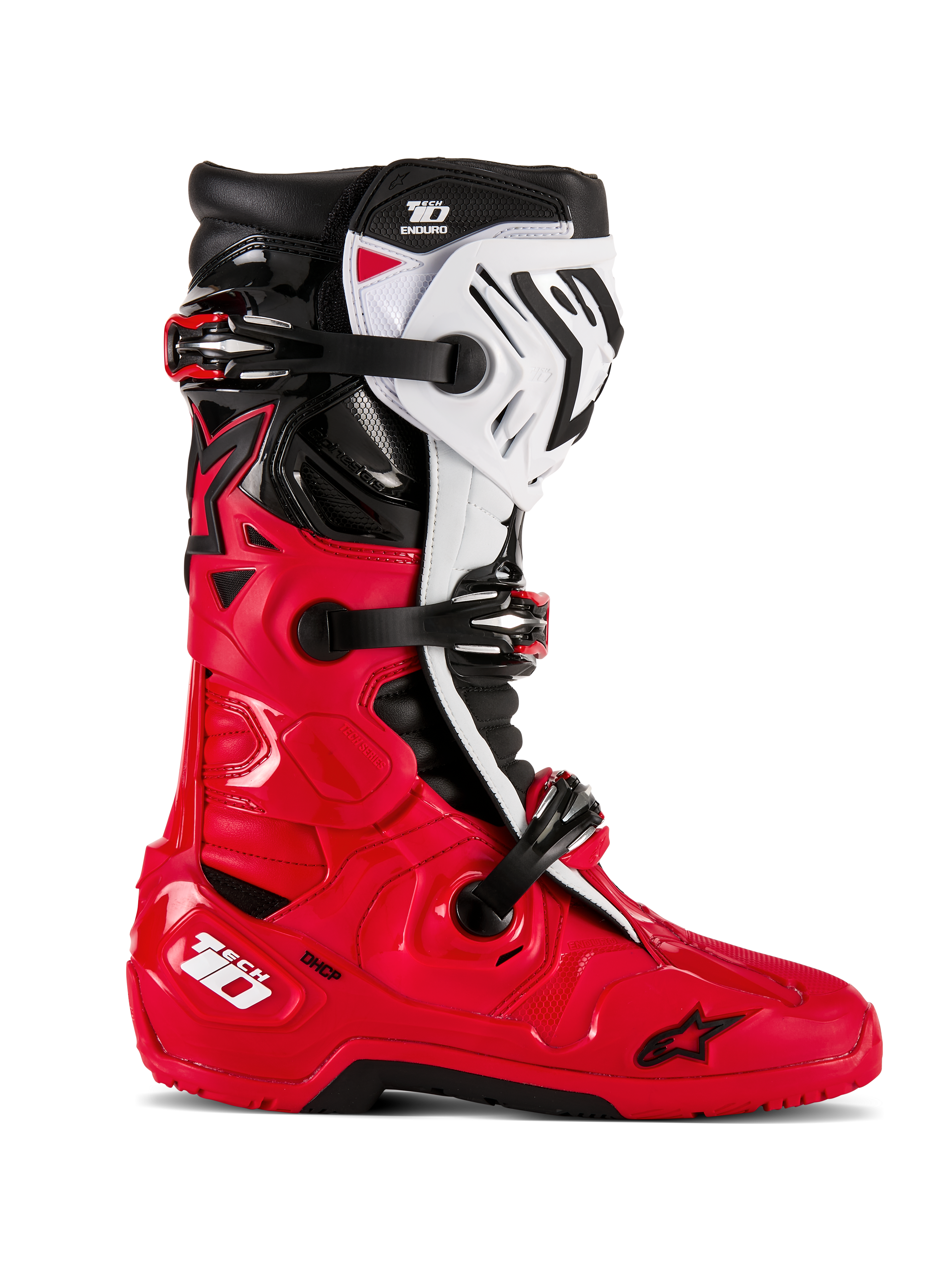 Bottes Alpinestars Tech 10 Enduro, bottes de motocross tout-terrain, rouge vif, noir et blanc, vue de profil, système de fermeture à triple boucle, panneaux de protection robustes, semelle spécialisée enduro à haute adhérence, logo Alpinestars