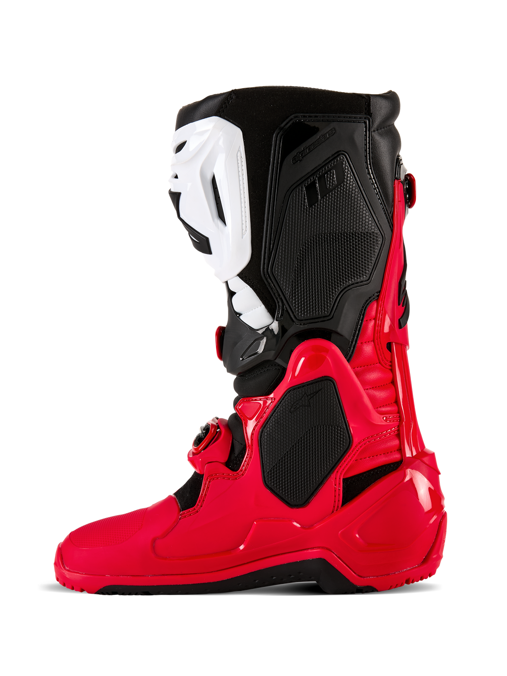 Bottes Alpinestars Tech 10 Enduro, bottes de motocross et d'enduro, rouge vif, noir et blanc, vue de profil avec une coque en TPU durable, plaque de tibia blanche et panneaux supérieurs noirs, conçues pour la performance tout-terrain.