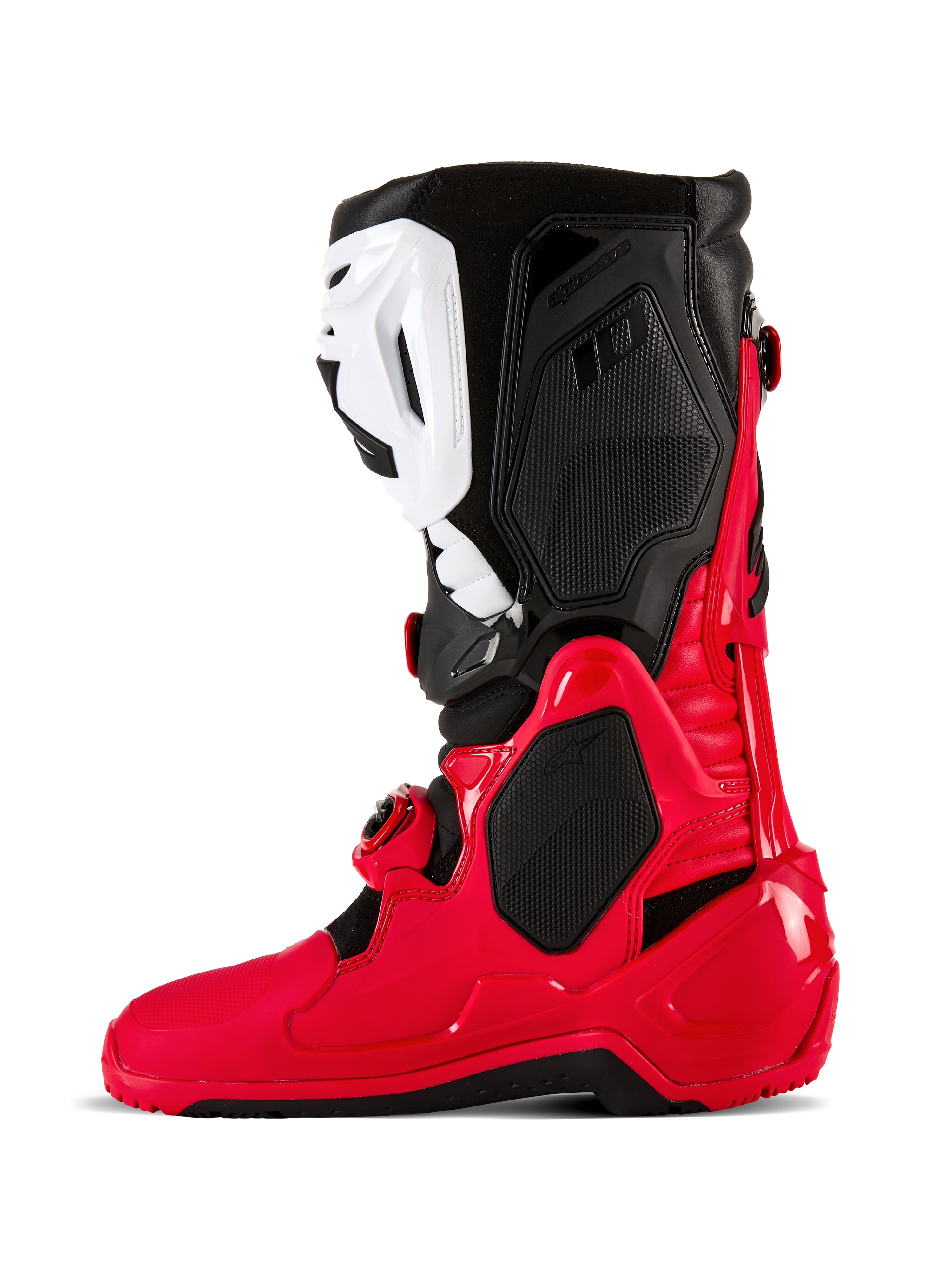 Bottes Alpinestars Tech 10 Enduro, bottes de motocross et d'enduro, rouge vif, noir et blanc, vue de profil avec une coque en TPU durable, plaque de tibia blanche et panneaux supérieurs noirs, conçues pour la performance tout-terrain.