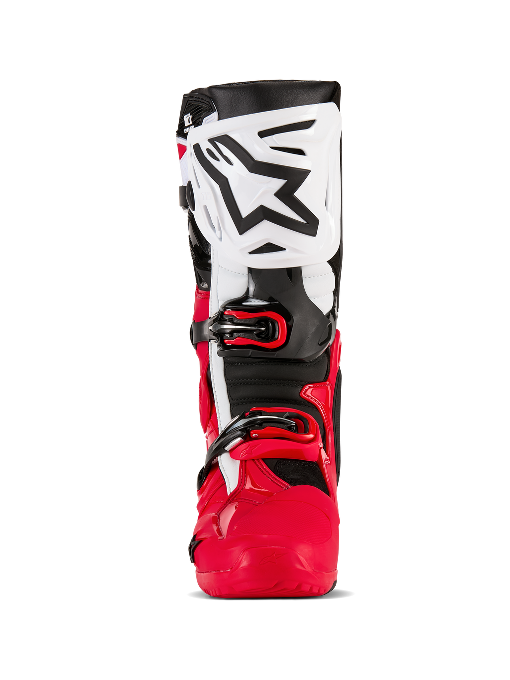 Bottes Alpinestars Tech 10 Enduro, bottes de motocross et d'enduro, rouge vif, noir et blanc, vue de face avec plaque de tibia blanche et logo Alpinestars noir, structure inférieure rouge et système de fermeture à boucles sécurisé, équipement de protection haute performance pour le tout-terrain.