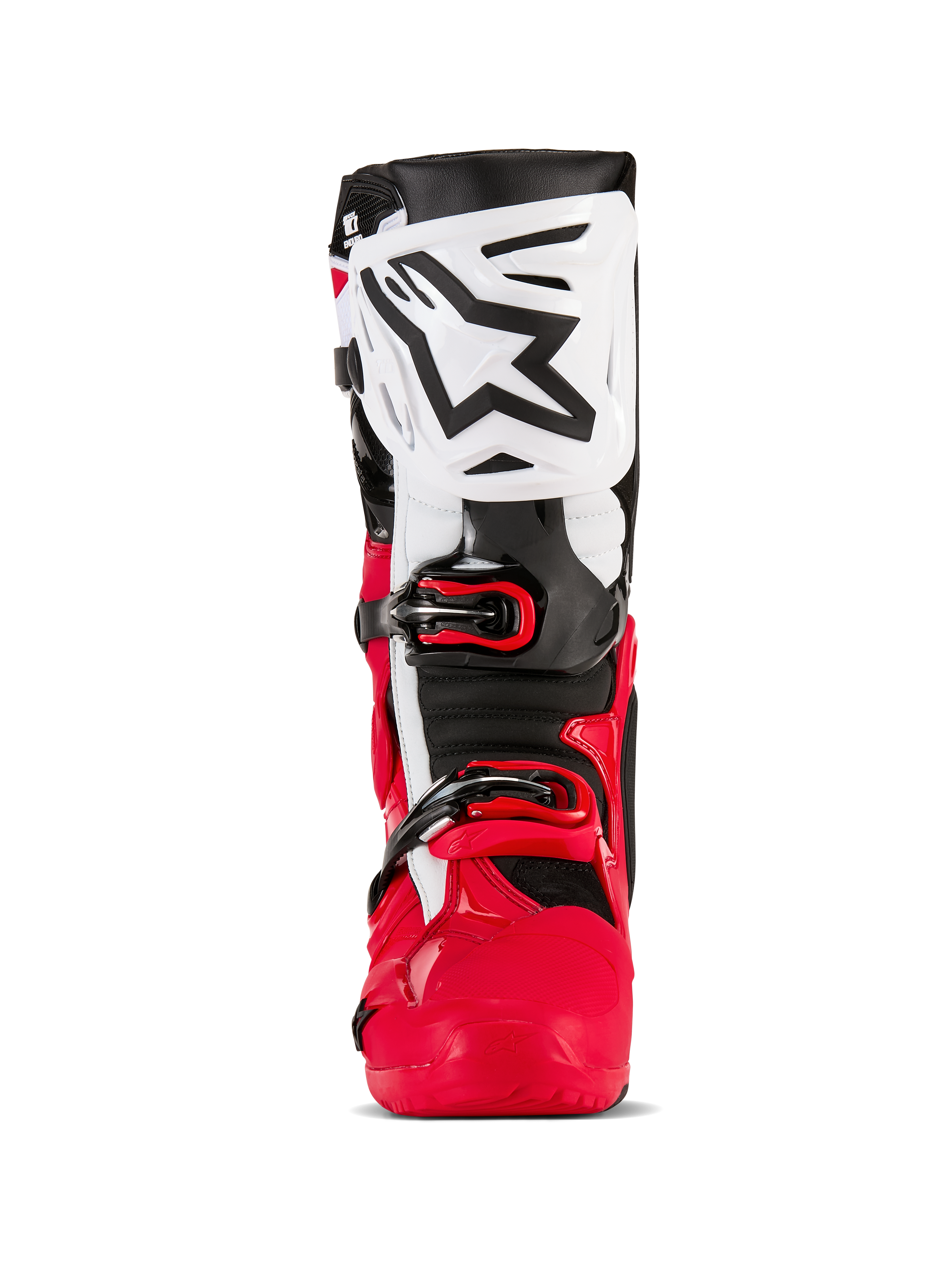 Bottes Alpinestars Tech 10 Enduro, bottes de motocross et d'enduro, rouge vif, noir et blanc, vue de face avec plaque de tibia blanche et logo Alpinestars noir, structure inférieure rouge et système de fermeture à boucles sécurisé, équipement de protection haute performance pour le tout-terrain.