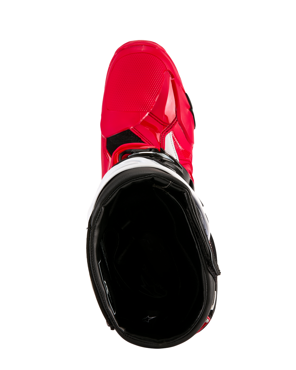 Bottes Alpinestars Tech 10 Enduro, bottes de motocross, rouge vif, noir et blanc, vue de dessus de la doublure intérieure noire, coque extérieure rouge vif avec des accents blancs, chaussures de course tout-terrain protectrices