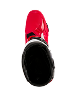 Bottes Alpinestars Tech 10 Enduro, bottes de motocross, rouge vif, noir et blanc, vue de dessus de la doublure intérieure noire, coque extérieure rouge vif avec des accents blancs, chaussures de course tout-terrain protectrices