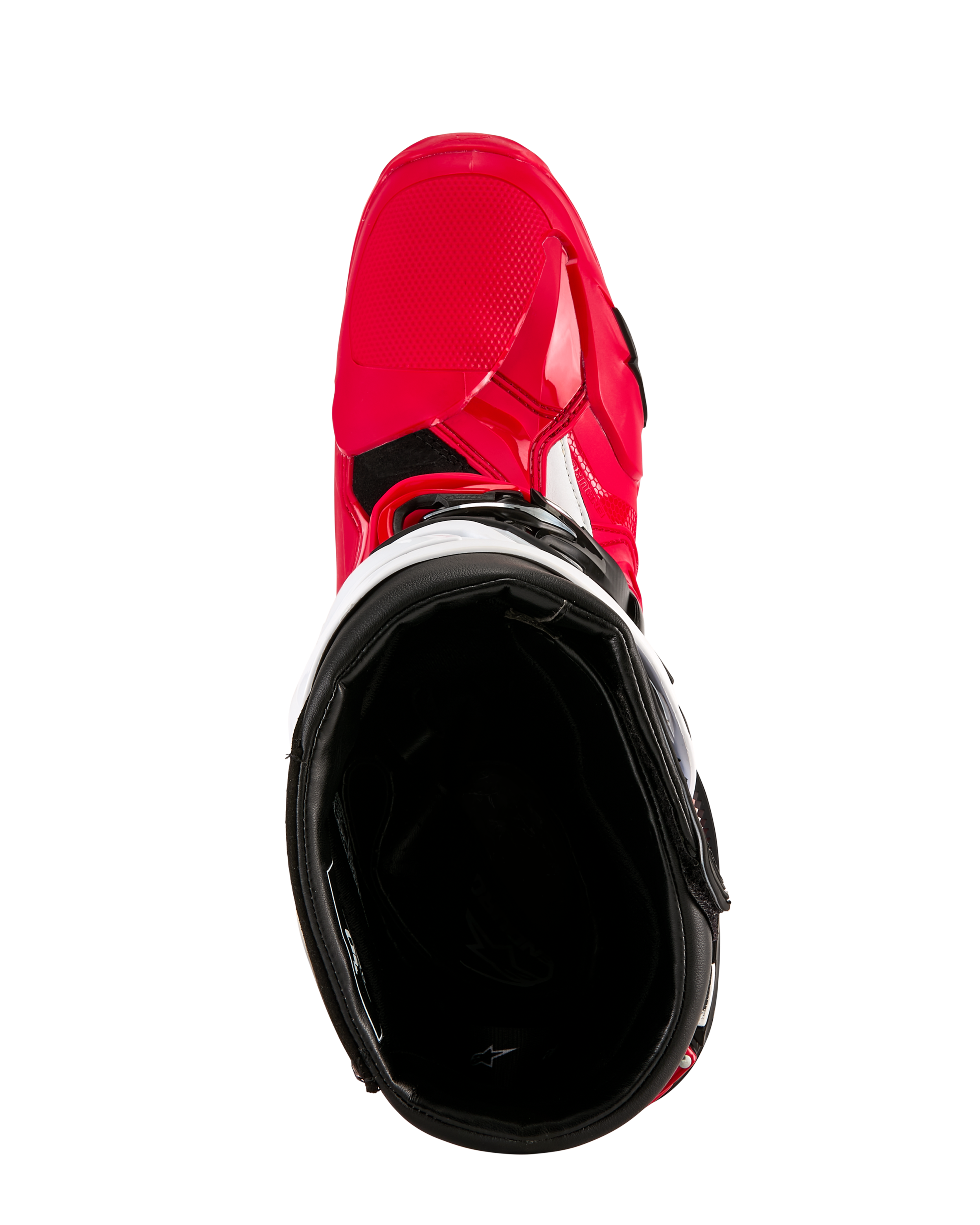Bottes Alpinestars Tech 10 Enduro, bottes de motocross, rouge vif, noir et blanc, vue de dessus de la doublure intérieure noire, coque extérieure rouge vif avec des accents blancs, chaussures de course tout-terrain protectrices