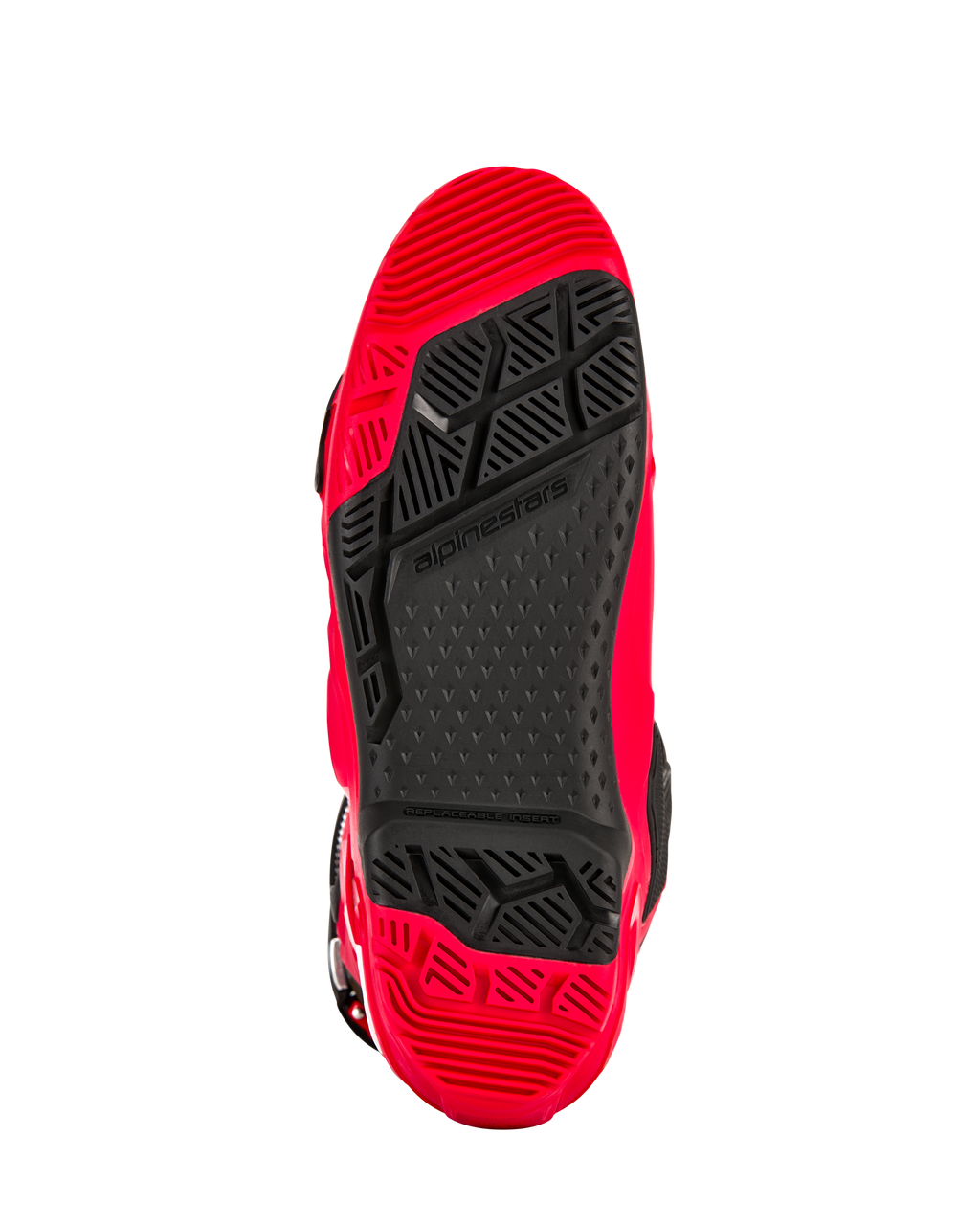 Bottes Alpinestars Tech 10 Enduro, rouge vif et noir, vue de dessous de la semelle bi-composant spécifique à l'enduro, avec motif à haute adhérence et insert central remplaçable noir.