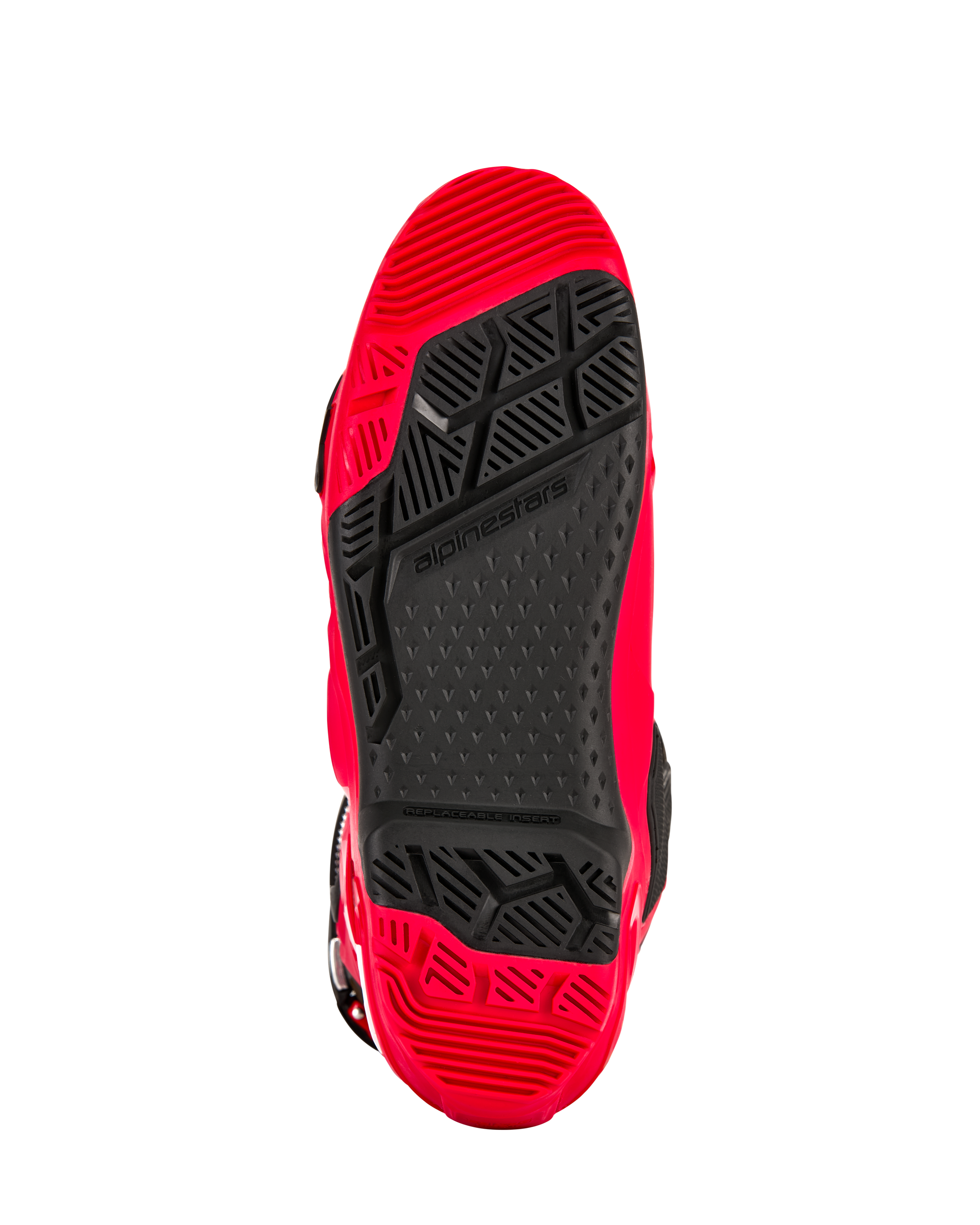 Bottes Alpinestars Tech 10 Enduro, rouge vif et noir, vue de dessous de la semelle bi-composant spécifique à l'enduro, avec motif à haute adhérence et insert central remplaçable noir.