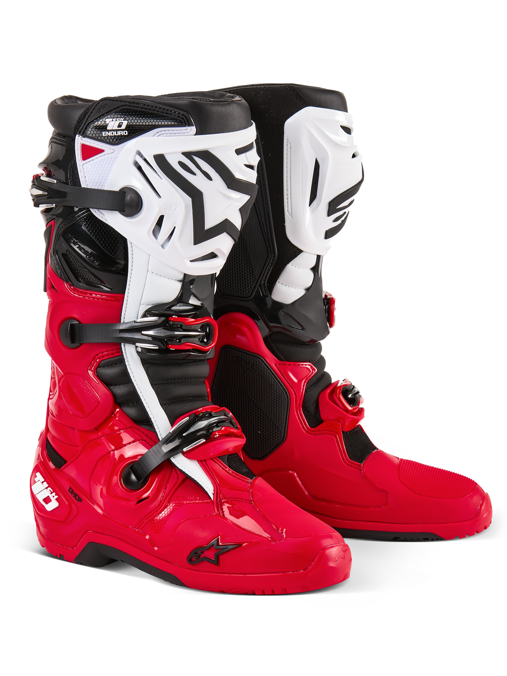 Bottes Alpinestars Tech 10 Enduro, bottes de motocross et d'enduro, rouge vif, noir et blanc, plaques de tibia blanches avec logo Astars noir, boucles et sangles noires, conception durable pour la course tout-terrain