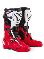 Bottes Alpinestars Tech 10 Enduro, bottes de motocross et d'enduro, rouge vif, noir et blanc, plaques de tibia blanches avec logo Astars noir, boucles et sangles noires, conception durable pour la course tout-terrain