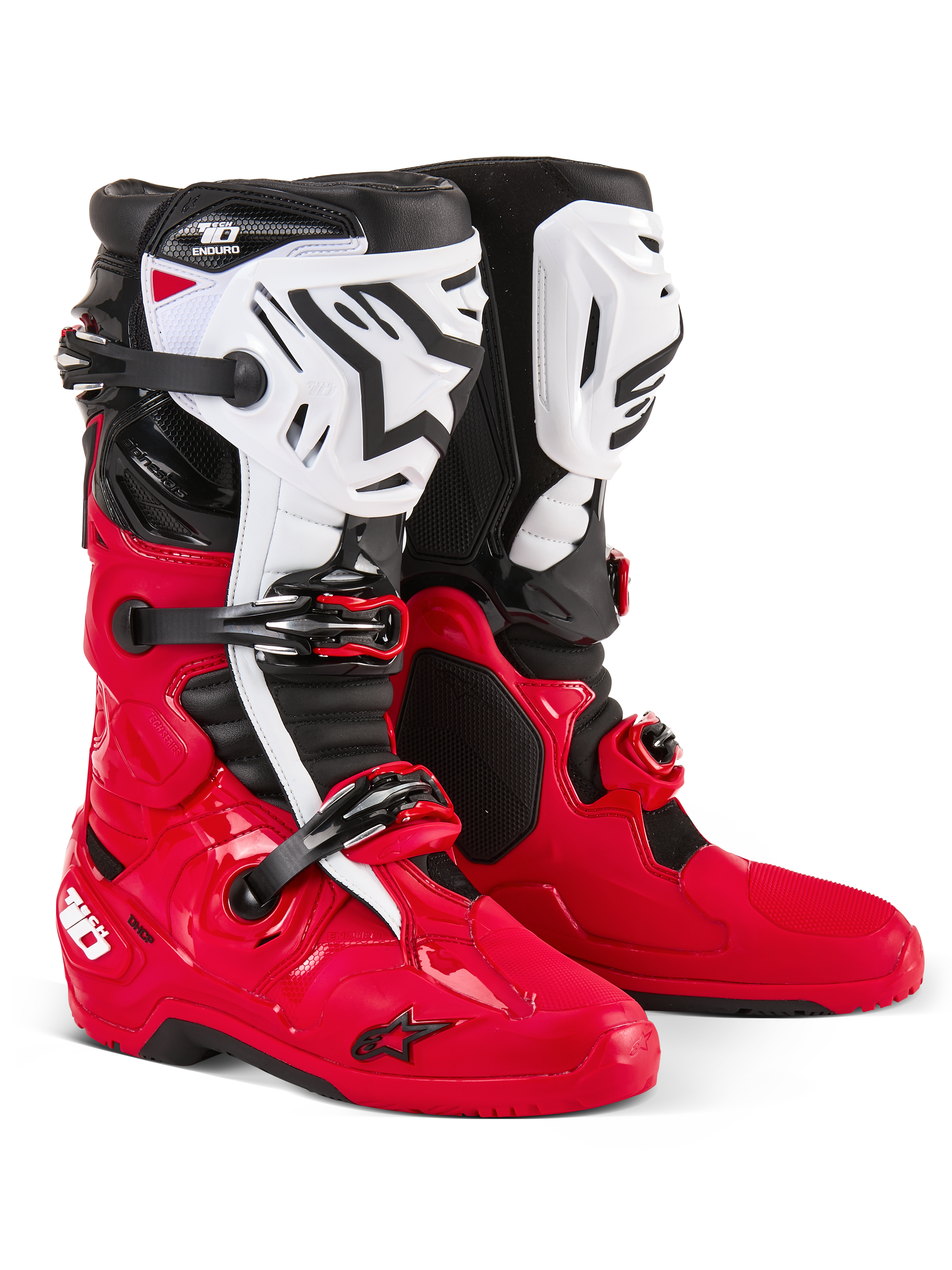 Bottes Alpinestars Tech 10 Enduro, bottes de motocross et d'enduro, rouge vif, noir et blanc, plaques de tibia blanches avec logo Astars noir, boucles et sangles noires, conception durable pour la course tout-terrain