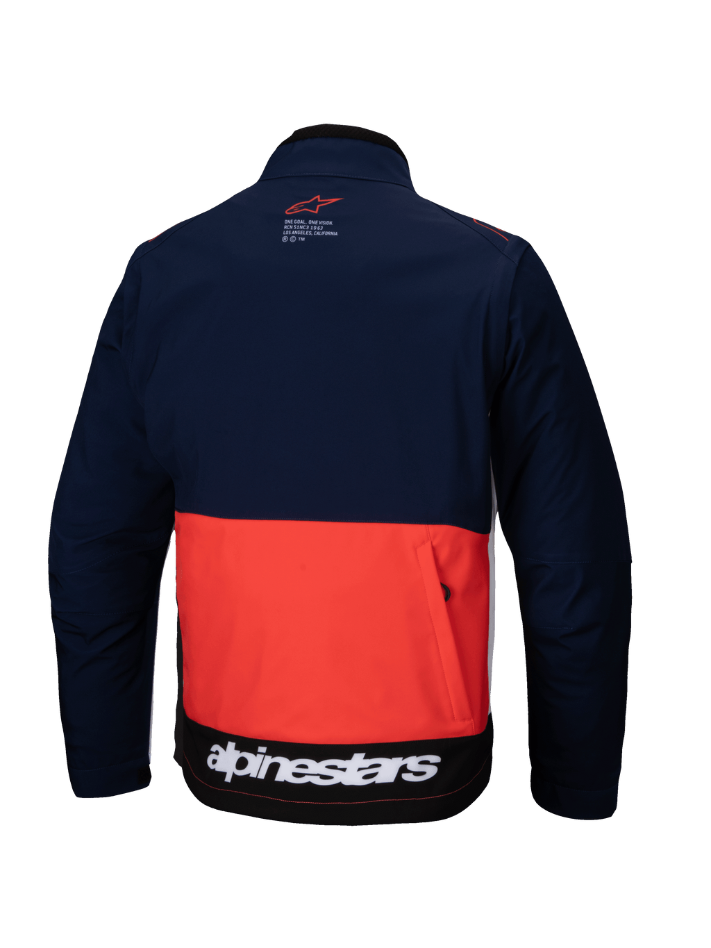 Veste Softshell Alpinestars Lite-Dura en bleu marine, orange vif et blanc, vue de dos présentant un design à blocs de couleurs, une grande poche de rangement arrière zippée et le logo Alpinestars blanc sur l'ourlet inférieur.