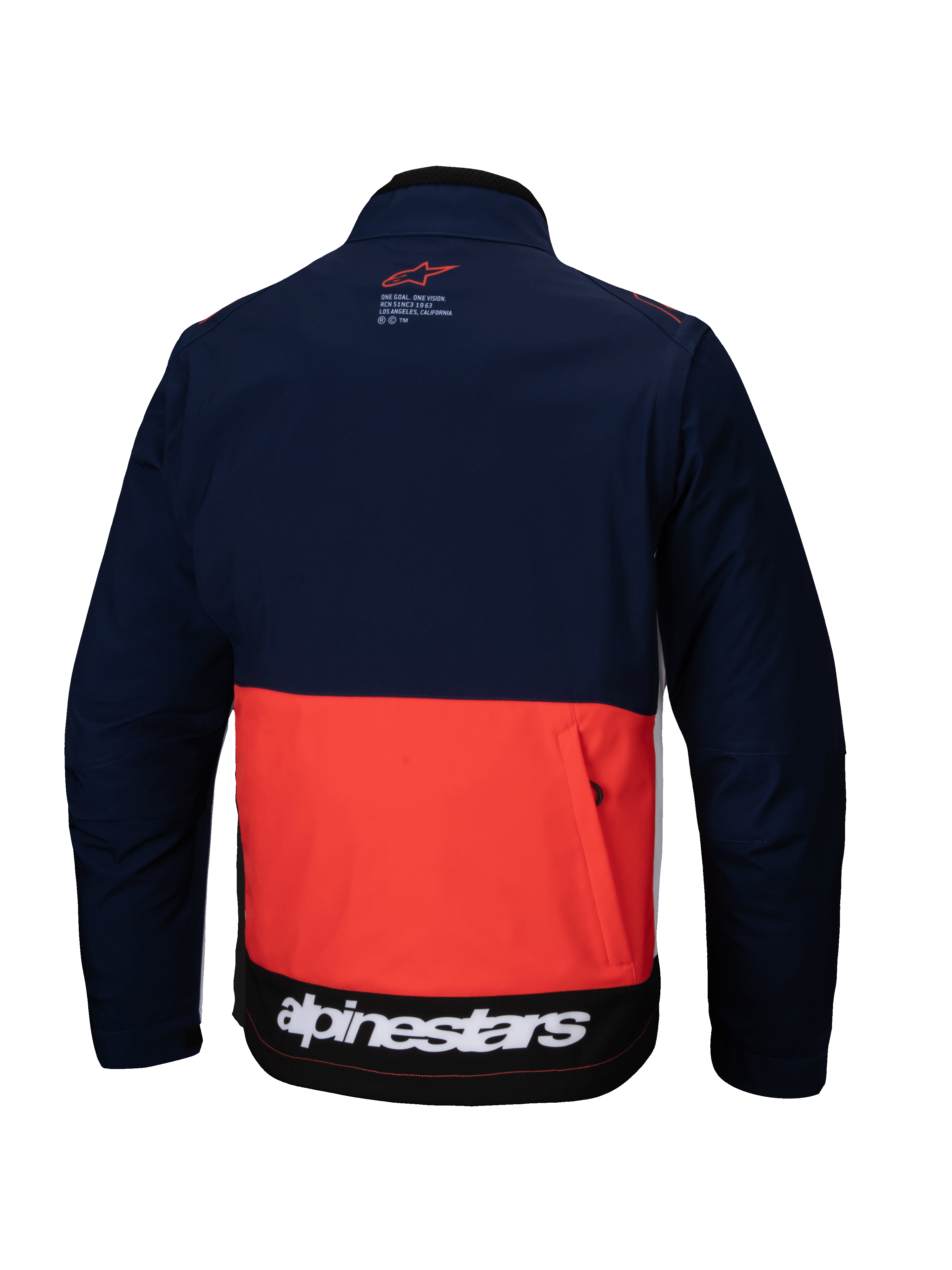 Veste Softshell Alpinestars Lite-Dura en bleu marine, orange vif et blanc, vue de dos présentant un design à blocs de couleurs, une grande poche de rangement arrière zippée et le logo Alpinestars blanc sur l'ourlet inférieur.