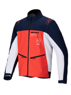 Veste Softshell Alpinestars Lite-Dura, bleu marine, orange vif et blanc, vue de face d'une veste technique tout-terrain avec poches zippées, logos sur la poitrine et matériau extensible durable pour la pratique de l'enduro.