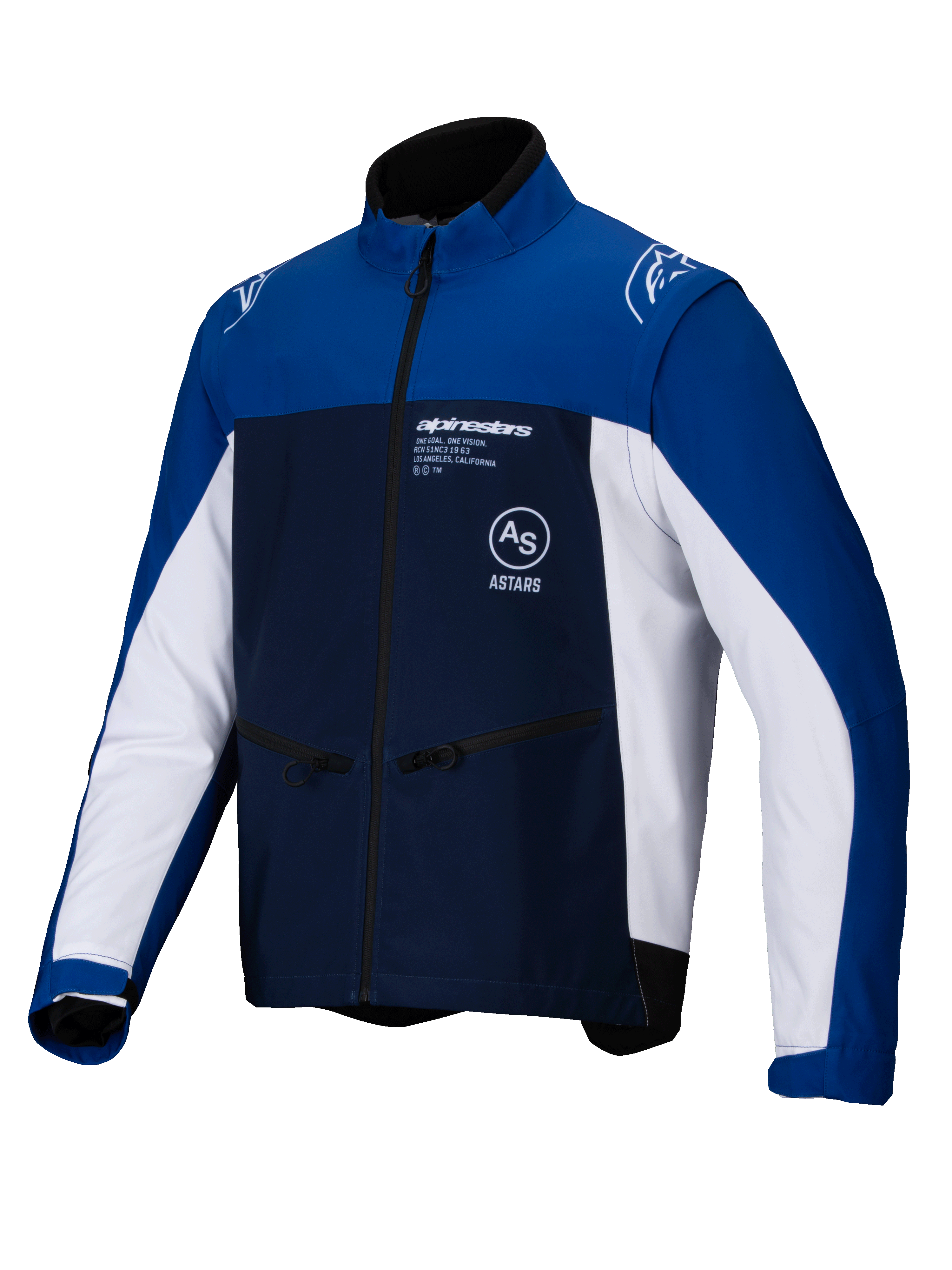 Alpinestars Lite-Dura Softshell Jacket, Off-road Motorcycle Jacket, Navy Bright Blue and White, full front zipper and zippered hand pockets, Alpinestars branding on the chest and shoulders, durable softshell material for enduro riding