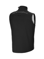 Alpinestars Techstar Softshell Vest, Black, Rear view featuring a large tonal alpinestars wordmark across the upper back, windproof lightweight softshell material, high collar with adjustable toggle, ergonomic sleeveless design for off-road gear layering.