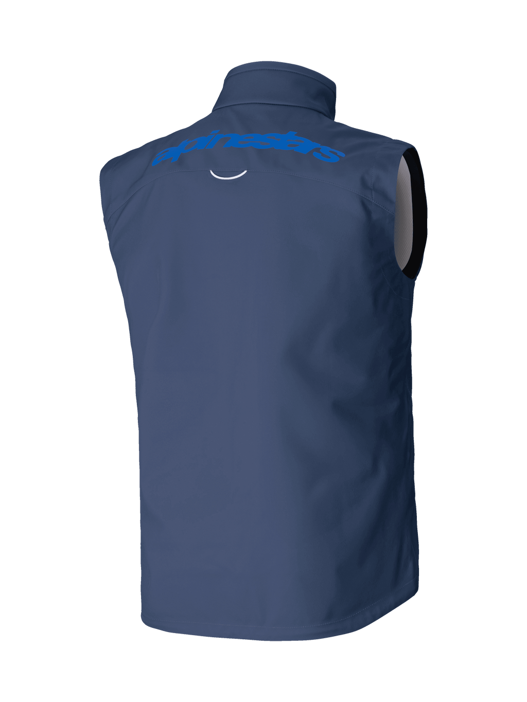 Gilet Alpinestars Techstar Softshell, bleu marine, vue de dos avec logo Alpinestars bleu clair sur les épaules, construction softshell stretch coupe-vent pour le motocross et le pilotage tout-terrain