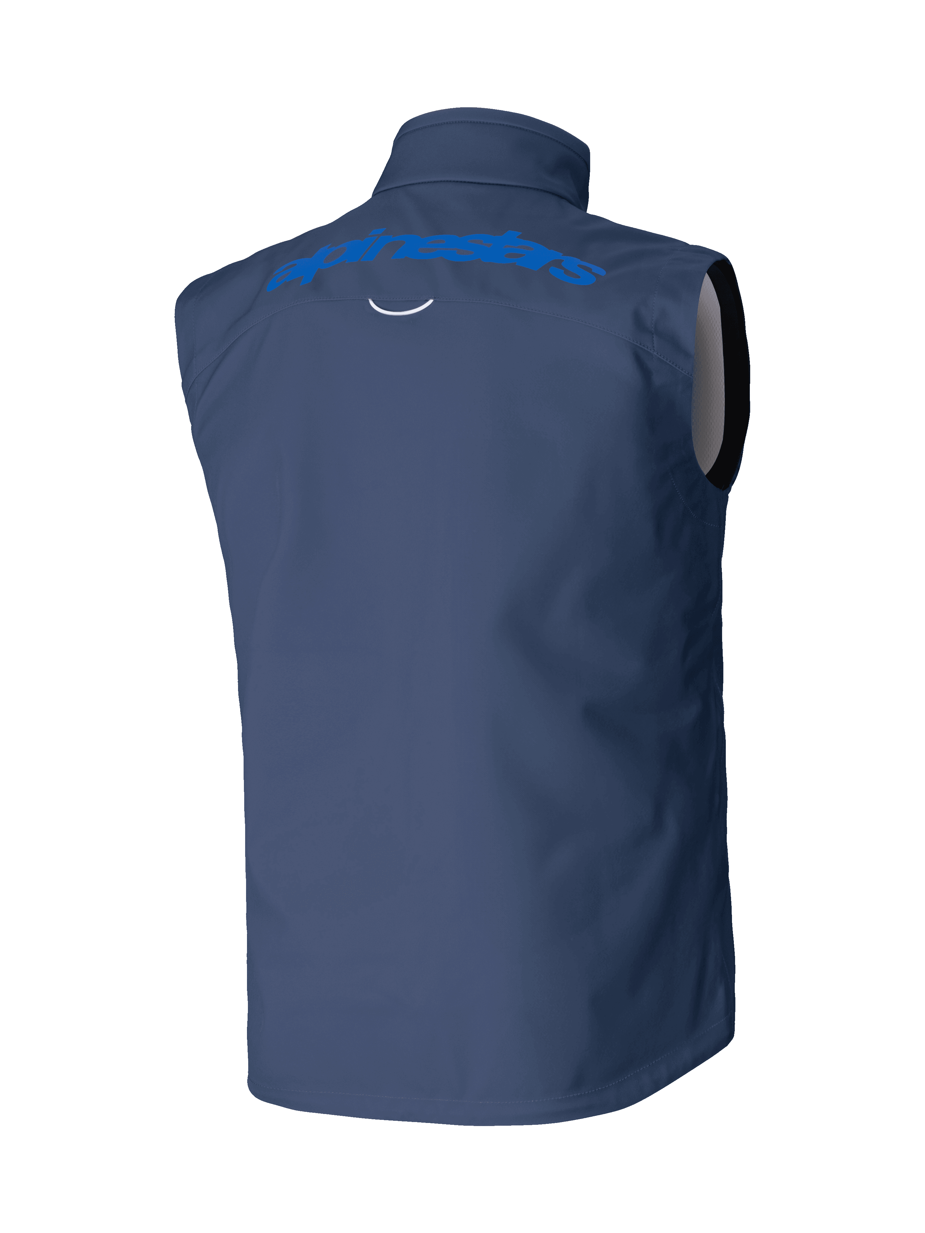 Gilet Alpinestars Techstar Softshell, bleu marine, vue de dos avec logo Alpinestars bleu clair sur les épaules, construction softshell stretch coupe-vent pour le motocross et le pilotage tout-terrain