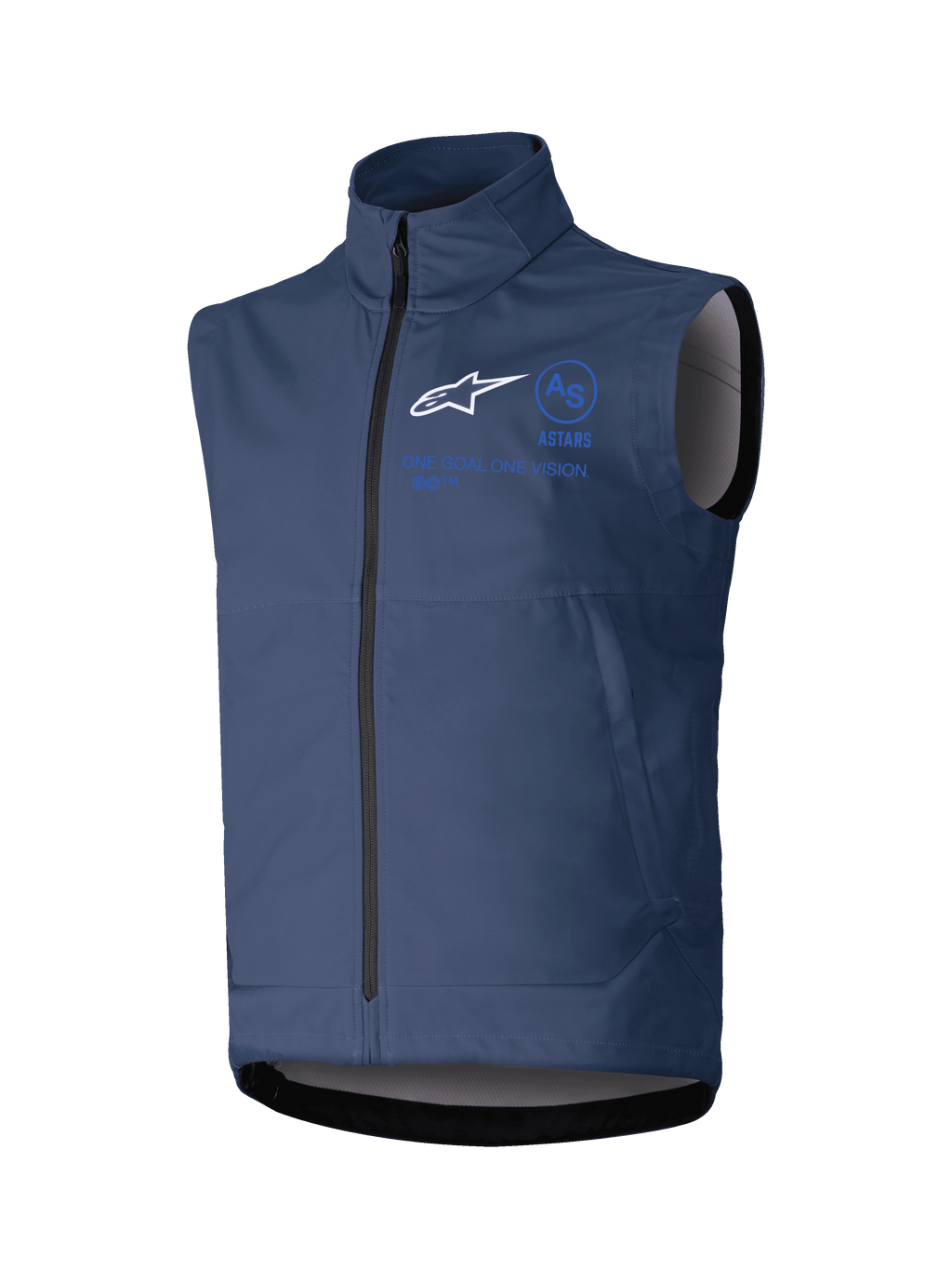 Alpinestars Techstar Softshell Vest, gilet de moto sans manches, bleu marine, col montant avec fermeture éclair frontale, logo blanc et marquage bleu, tissu softshell technique pour pilotage tout-terrain