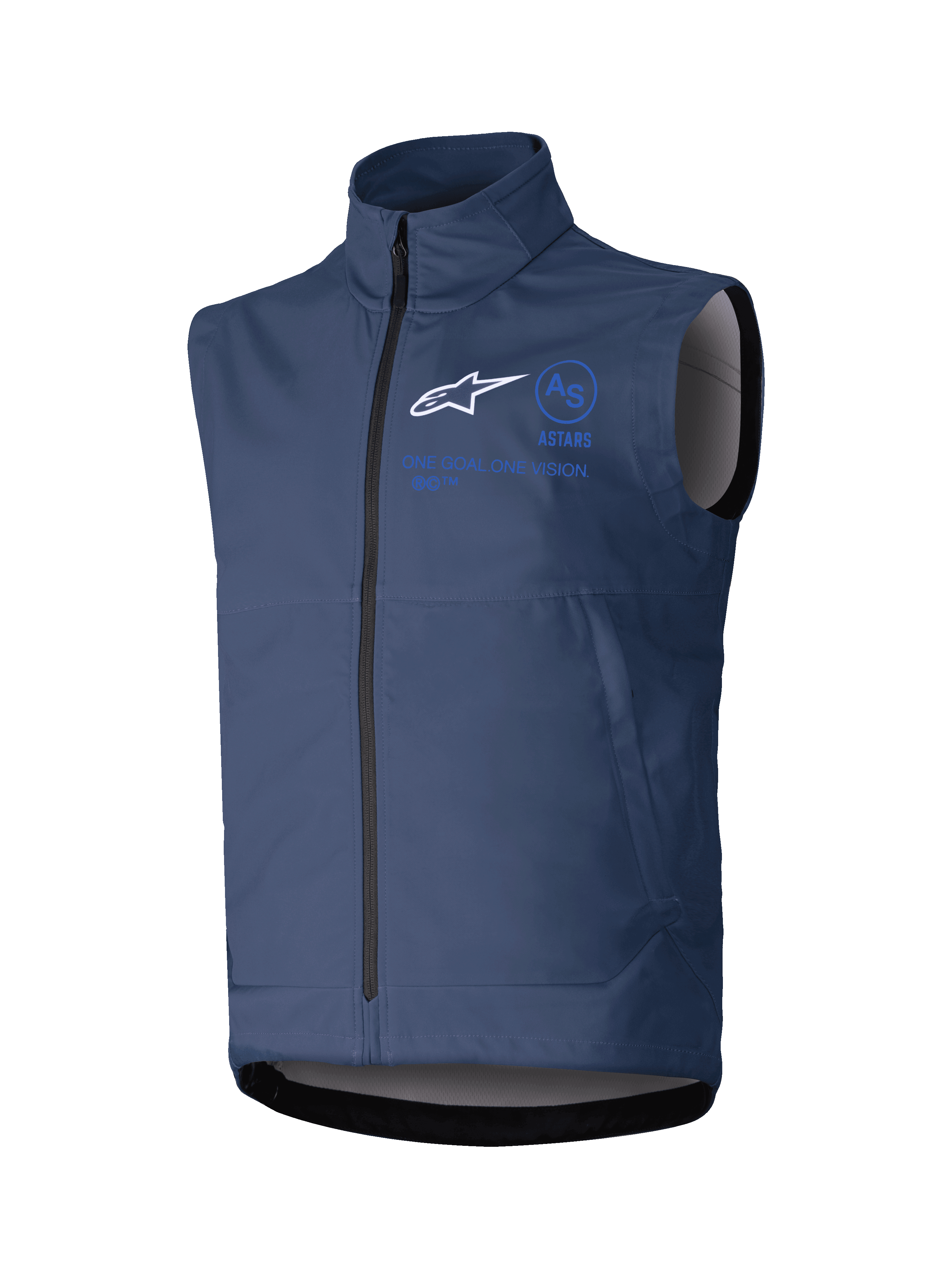 Alpinestars Techstar Softshell Vest, gilet de moto sans manches, bleu marine, col montant avec fermeture éclair frontale, logo blanc et marquage bleu, tissu softshell technique pour pilotage tout-terrain
