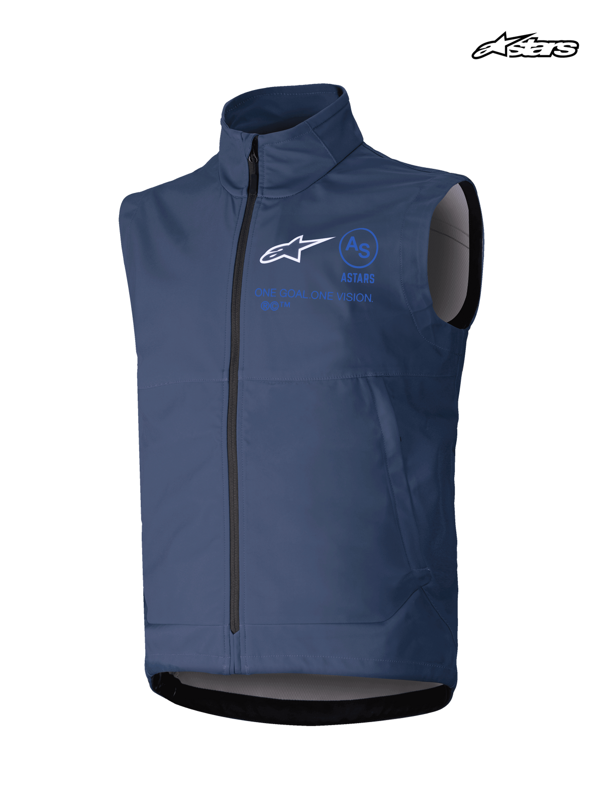 Gilet Softshell Techstar d'Alpinestars, gilet de moto cross pour homme, bleu marine, construction softshell stretch coupe-vent avec fermeture à glissière et graphismes de marquage