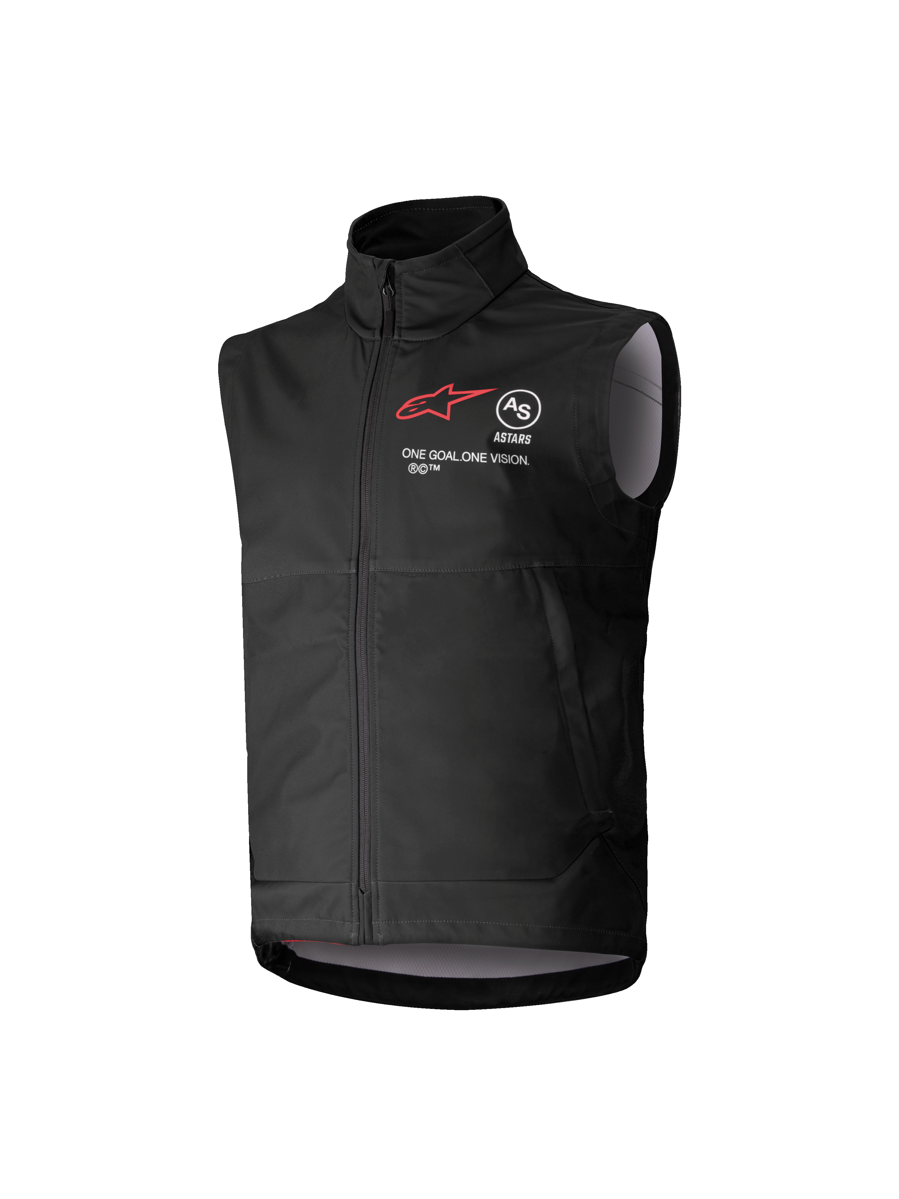 Gilet Softshell Alpinestars Youth Techstar, noir, gilet de motocross sans manches avec logo étoile rouge, col haut, fermeture éclair frontale, inscription "ONE GOAL. ONE VISION.", doublure intérieure gris clair, équipement de sport mécanique pour jeunes