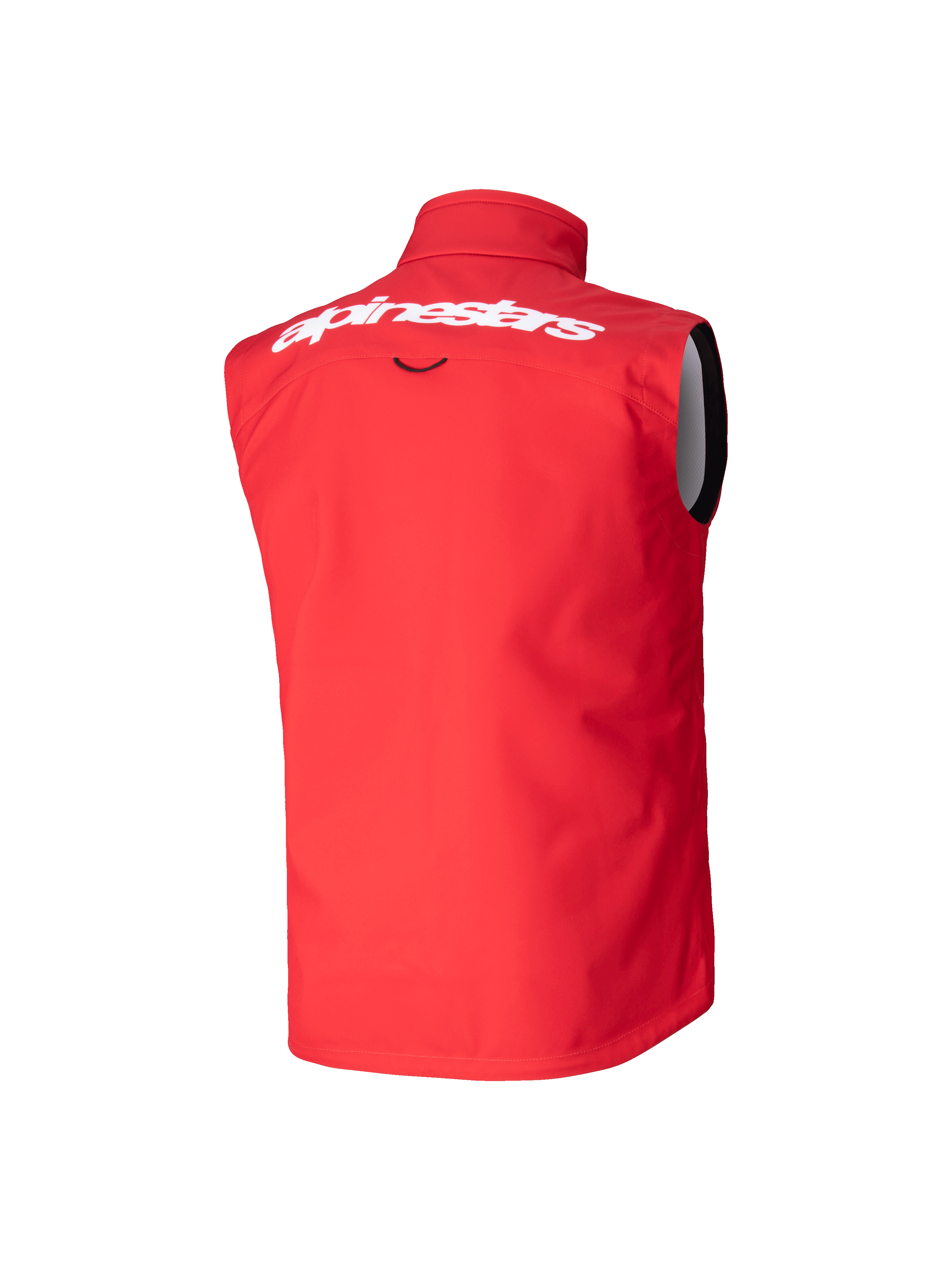 Gilet Softshell Techstar Junior Alpinestars, gilet de motocross, rouge éclatant, vue arrière avec grand lettrage Alpinestars blanc sur le haut du dos, design softshell sans manches avec col montant pour une protection contre le vent.