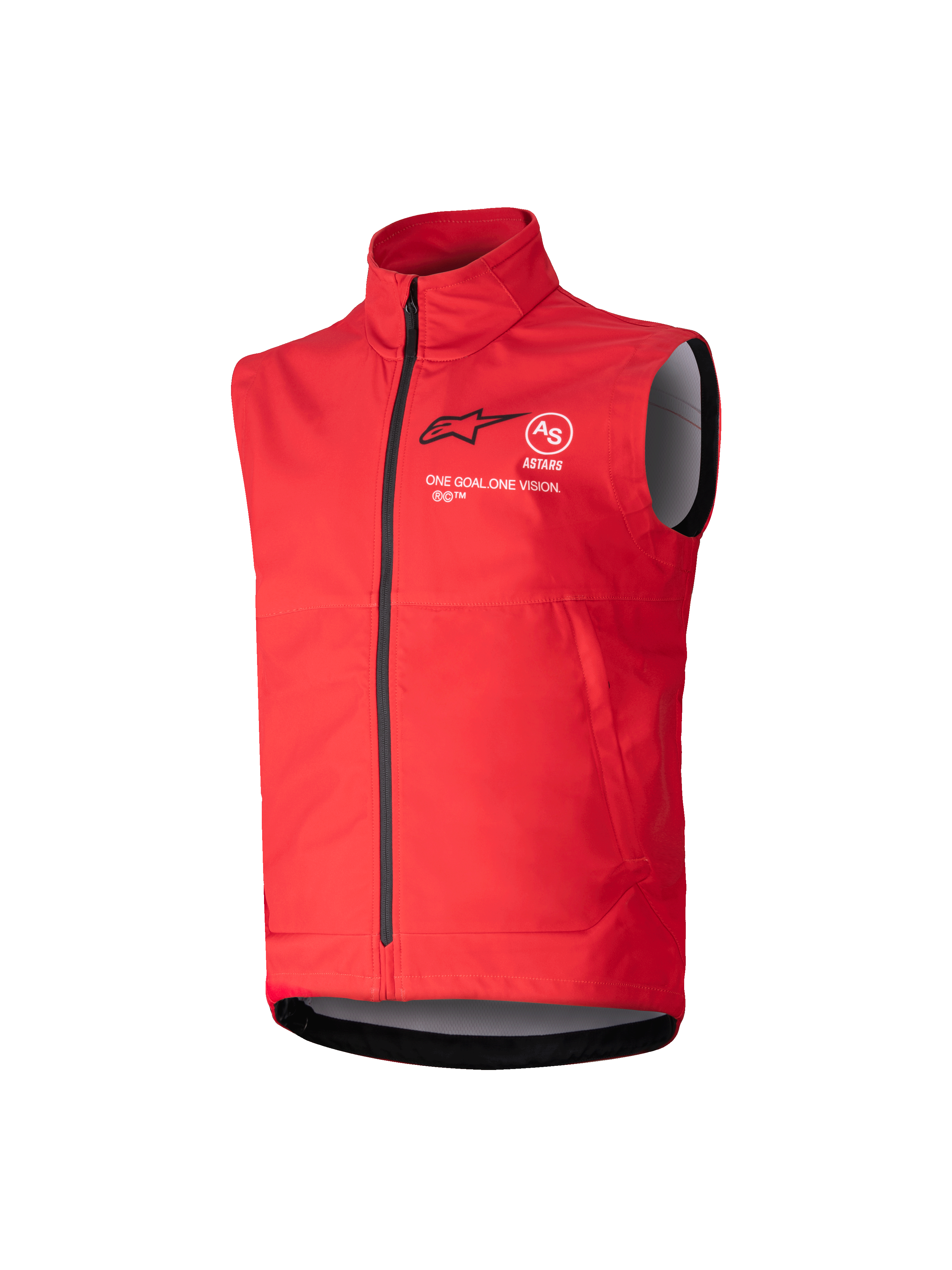 Alpinestars Youth Techstar Softshell Vest, rouge vif, gilet de motocross coupe-vent, col haut avec fermeture éclair noire intégrale, conception sans manches avec doublure intérieure grise, logo noir et marquage blanc sur la poitrine